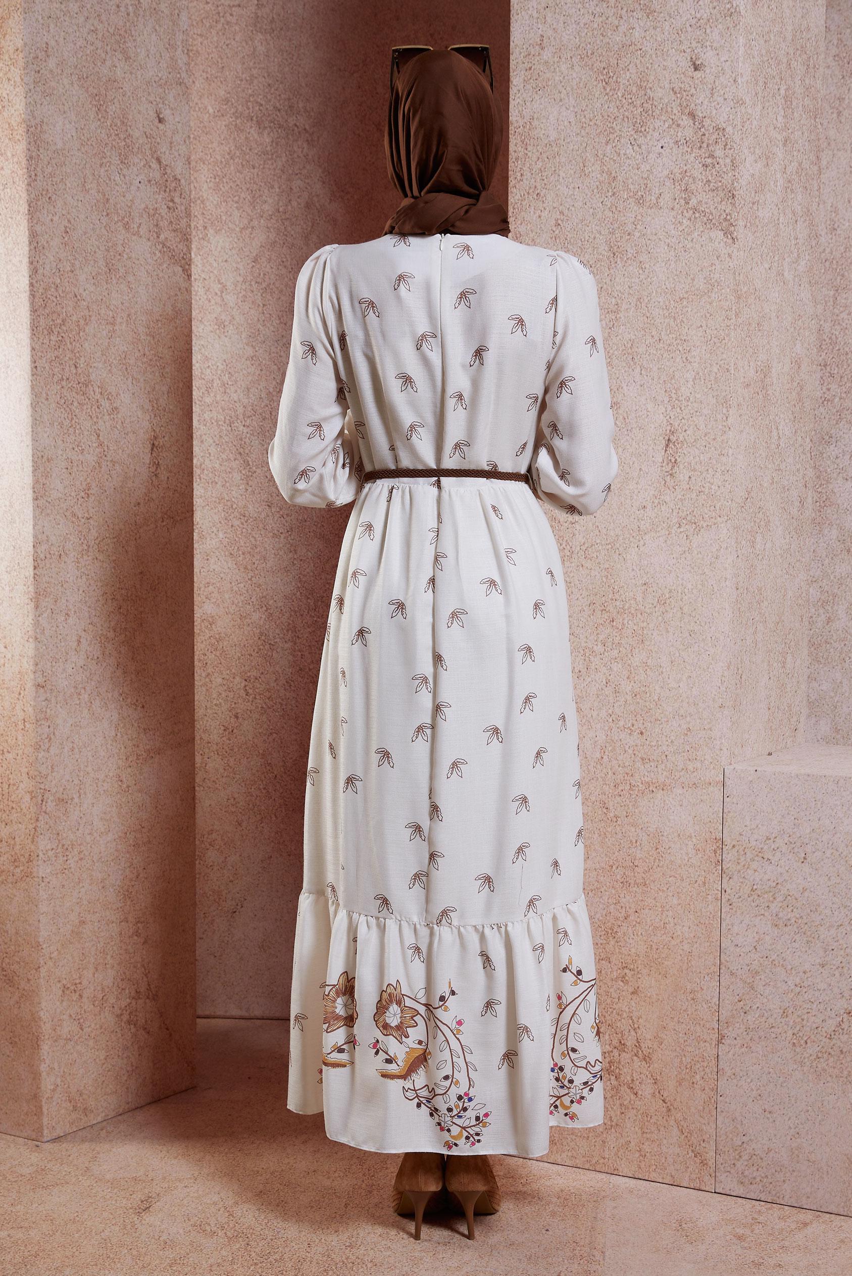 Tesettür giyim TABA KEMERLİ KETEN DOKULU ELBİSE 44633