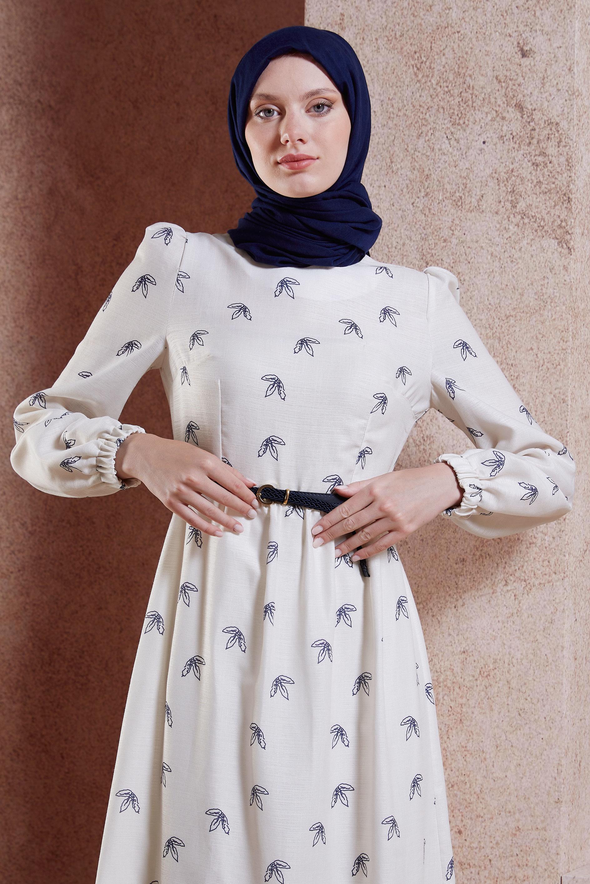 Tesettür giyim LACİVERT KEMERLİ KETEN DOKULU ELBİSE 44633