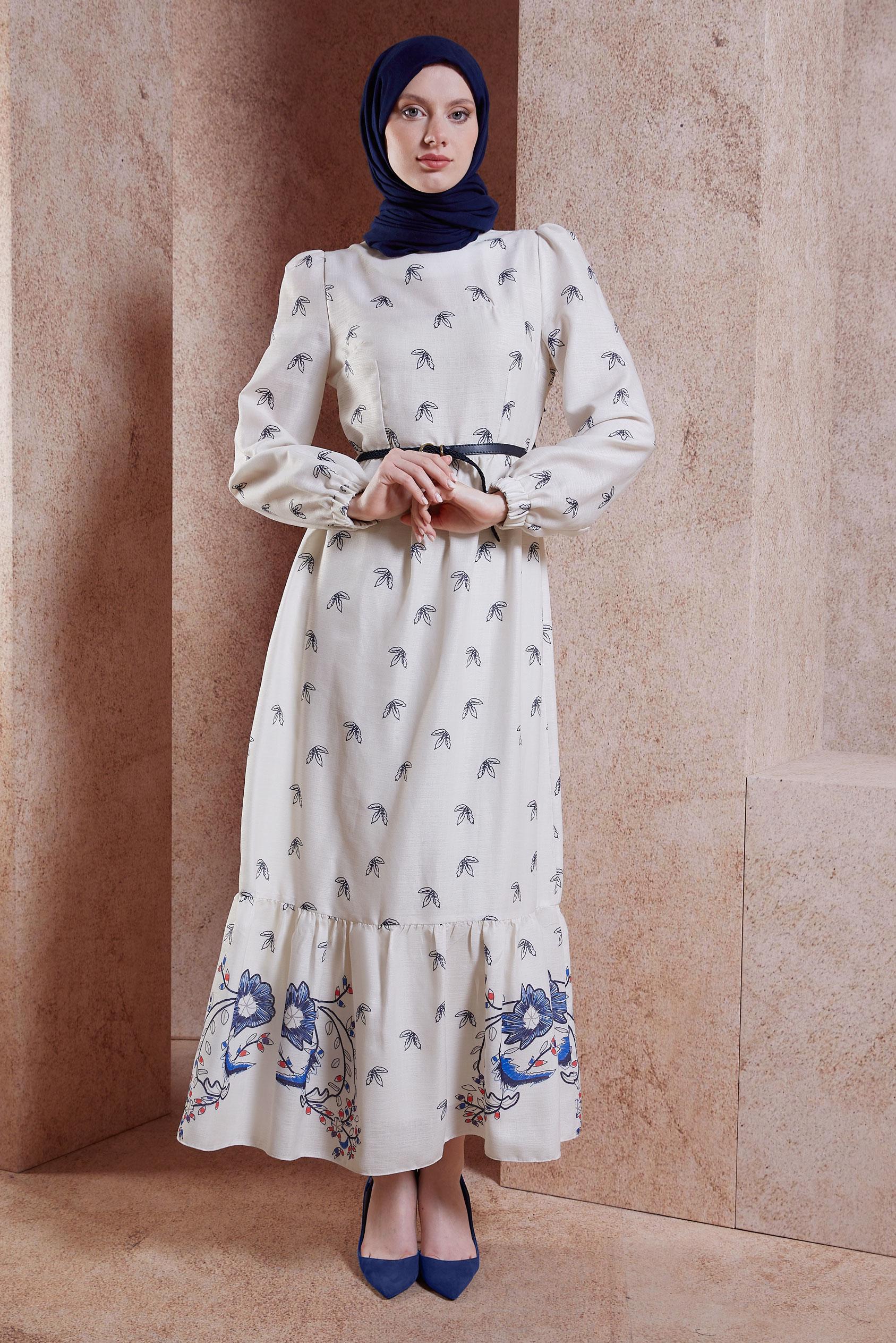 Tesettür giyim LACİVERT KEMERLİ KETEN DOKULU ELBİSE 44633