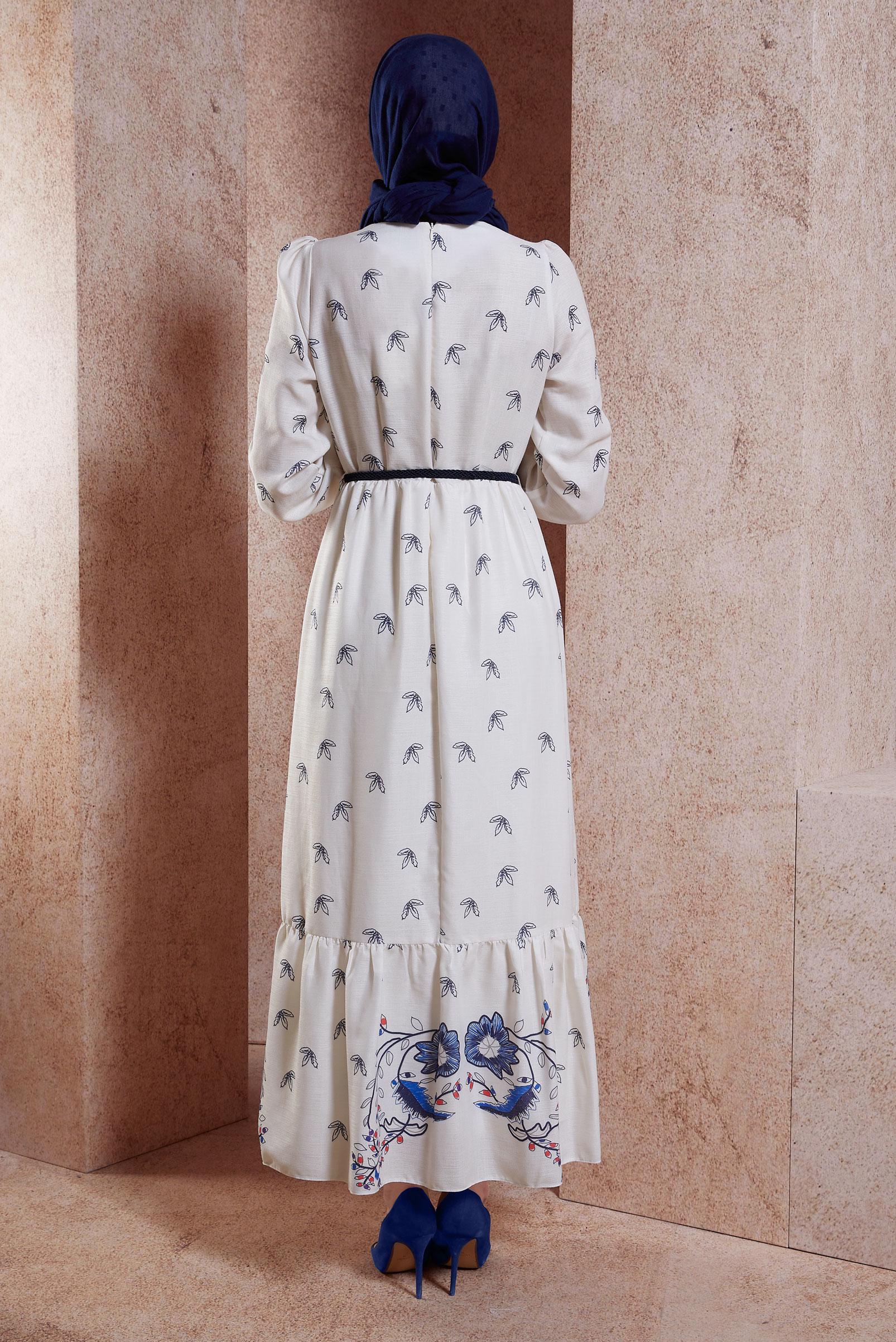 Tesettür giyim LACİVERT KEMERLİ KETEN DOKULU ELBİSE 44633