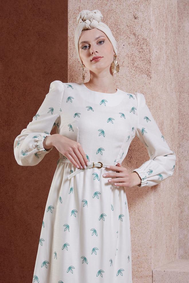 Tesettür giyim YEŞİL KEMERLİ KETEN DOKULU ELBİSE 44633 - ALVİNA