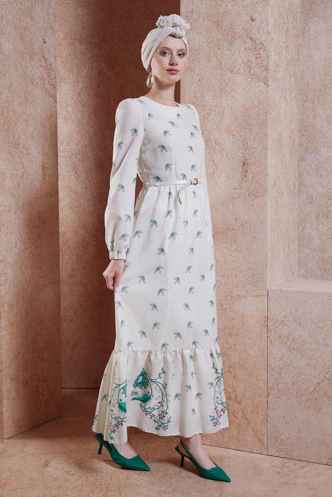 Tesettür giyim YEŞİL KEMERLİ KETEN DOKULU ELBİSE 44633 - ALVİNA