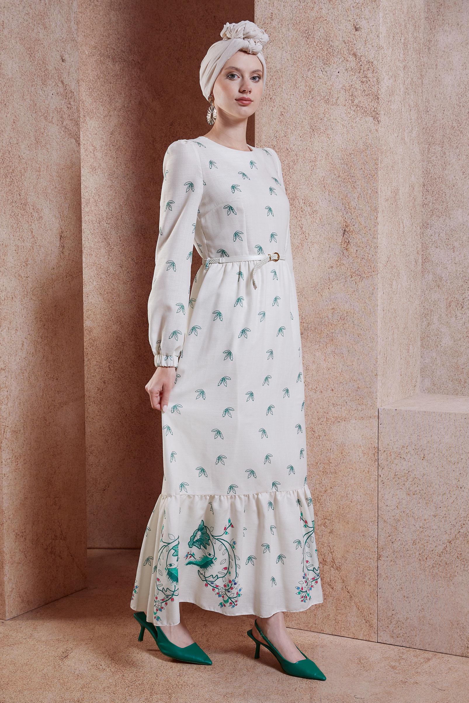 Tesettür giyim YEŞİL KEMERLİ KETEN DOKULU ELBİSE 44633