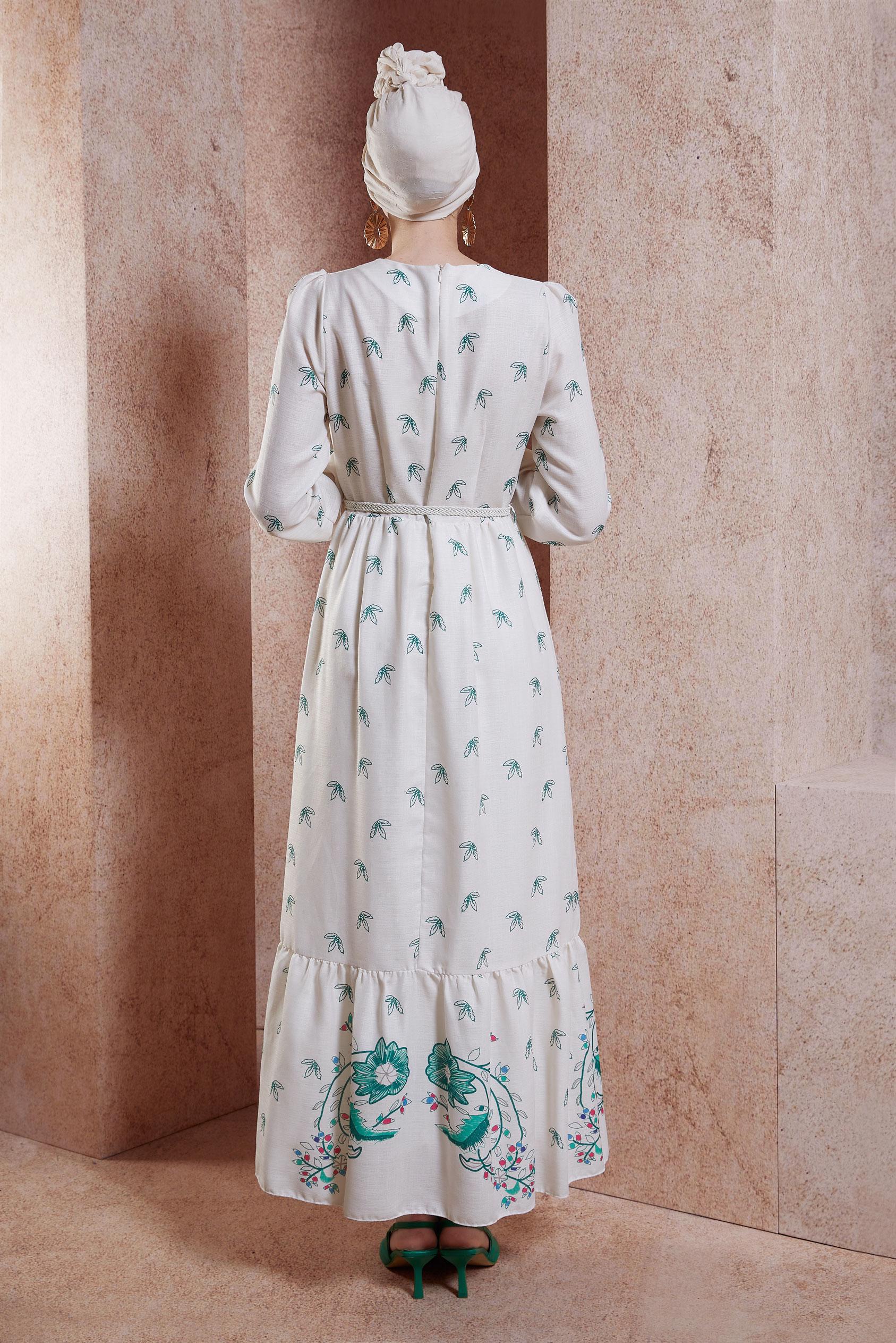 Tesettür giyim YEŞİL KEMERLİ KETEN DOKULU ELBİSE 44633