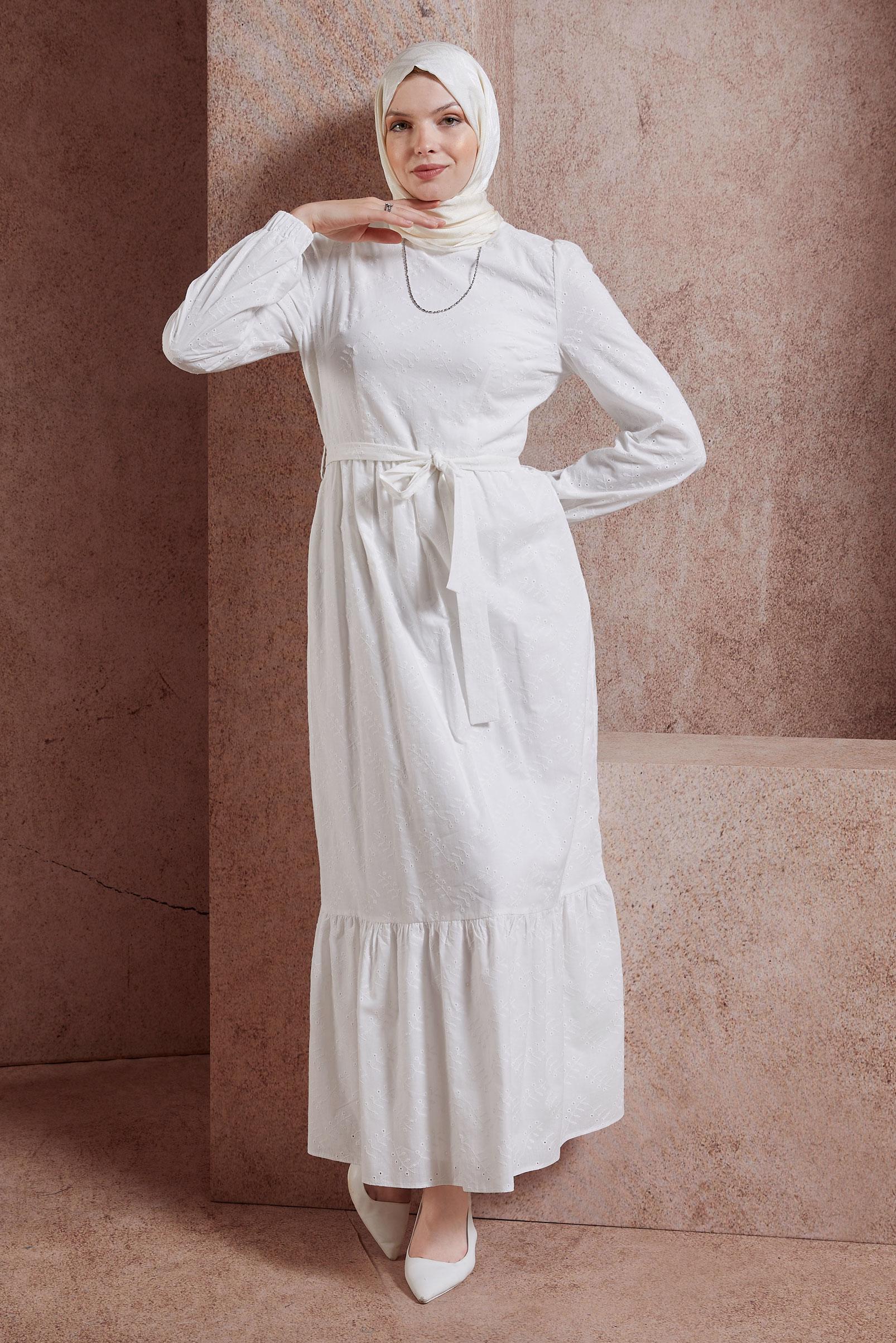 Tesettür giyim BEYAZ KUŞAKLI PAMUKLU ELBİSE 44650