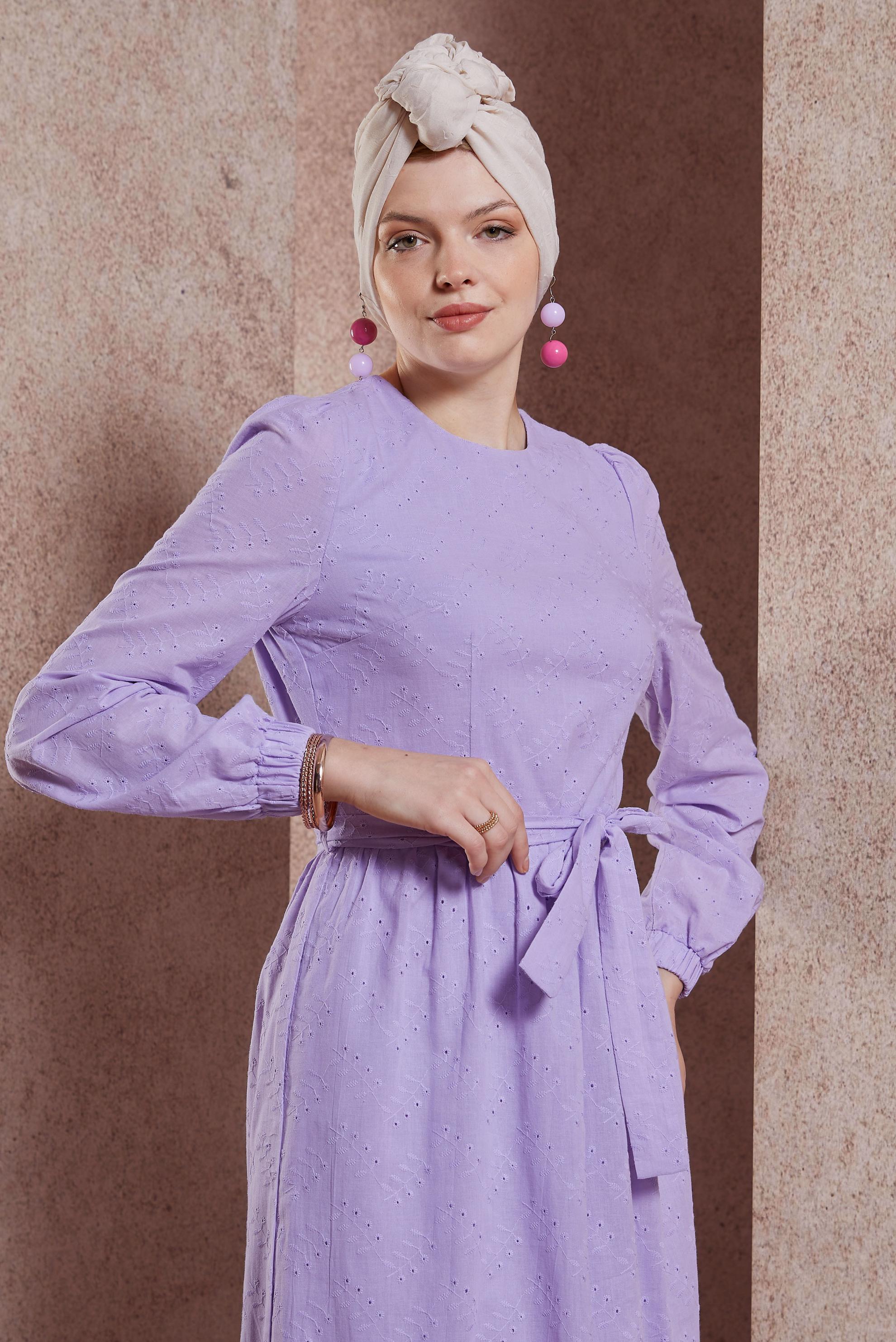 Hijab clothing PURPLE BELTED COTTON DRESS 44650