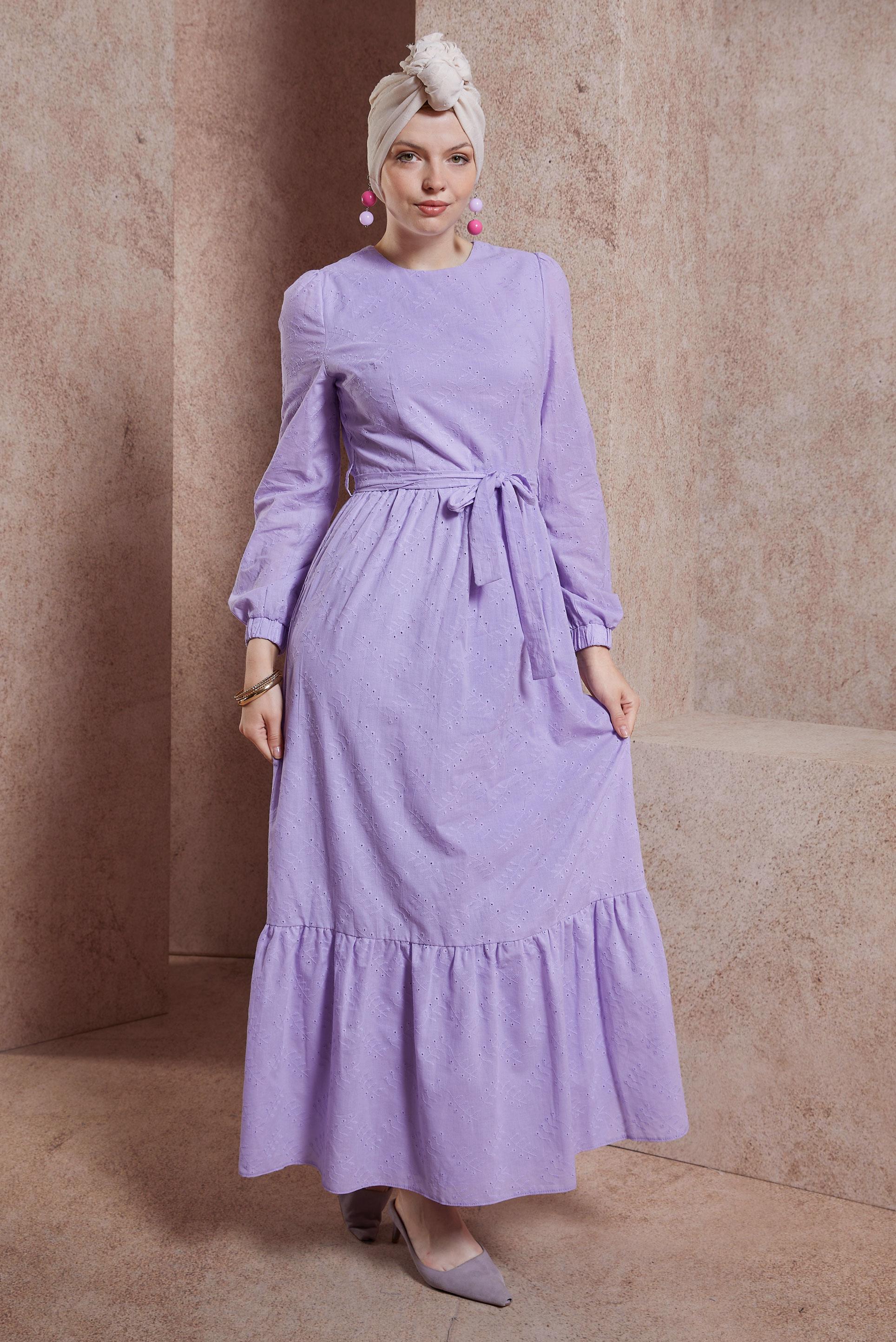 Hijab clothing PURPLE BELTED COTTON DRESS 44650