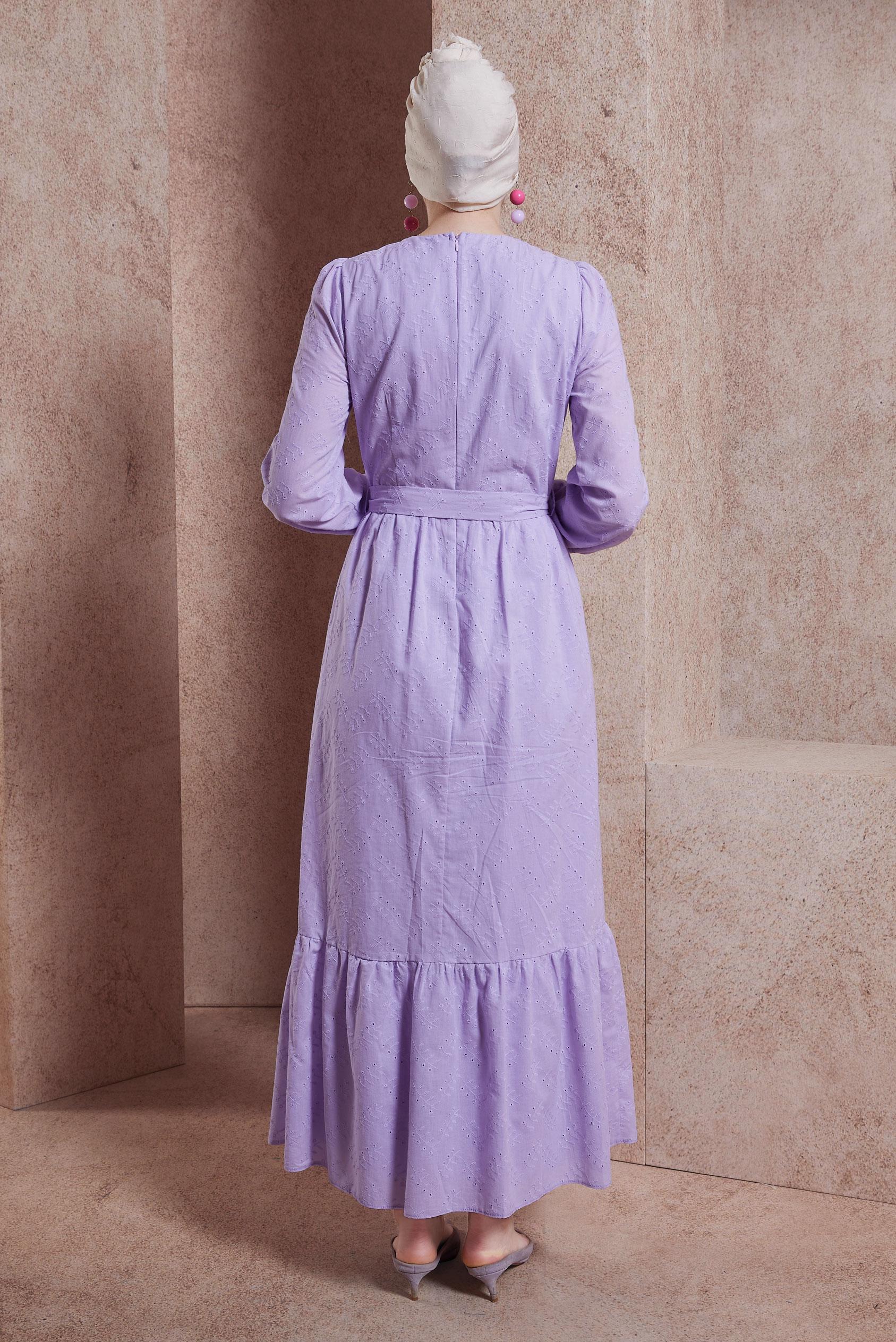 Hijab clothing PURPLE BELTED COTTON DRESS 44650