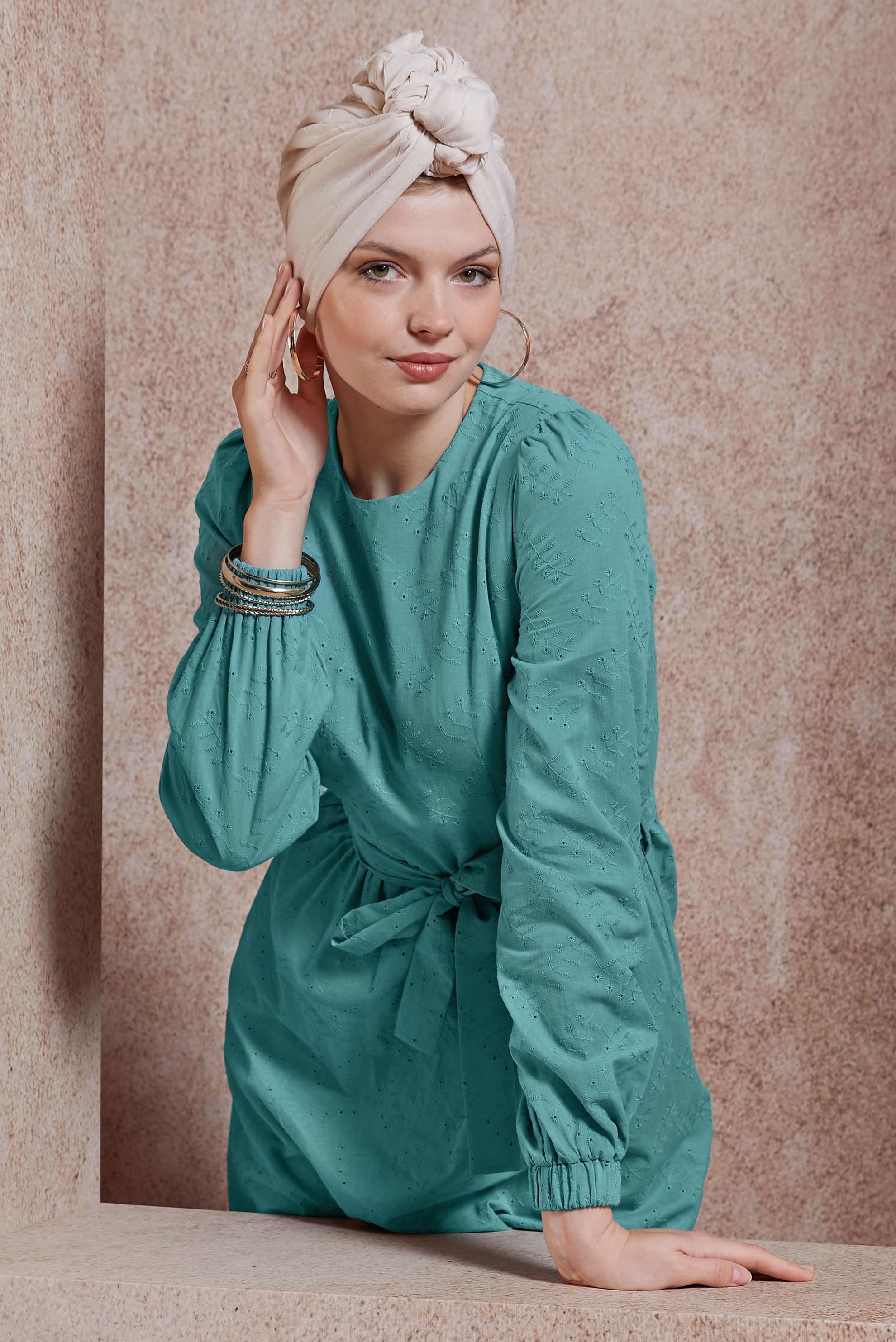 Tesettür giyim MAVİ KUŞAKLI PAMUKLU ELBİSE 44650