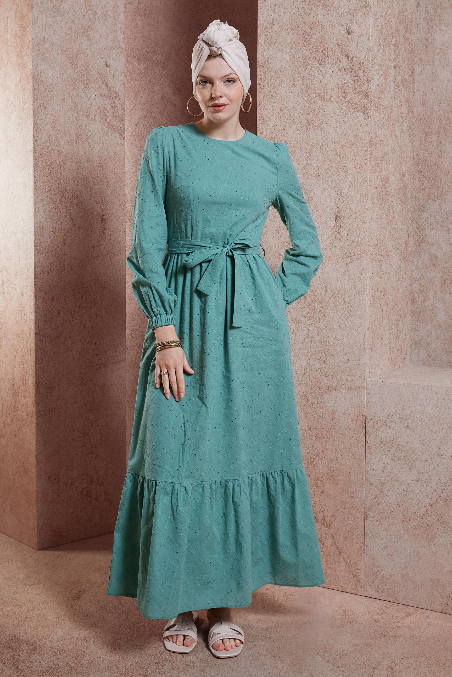 Tesettür giyim MAVİ KUŞAKLI PAMUKLU ELBİSE 44650