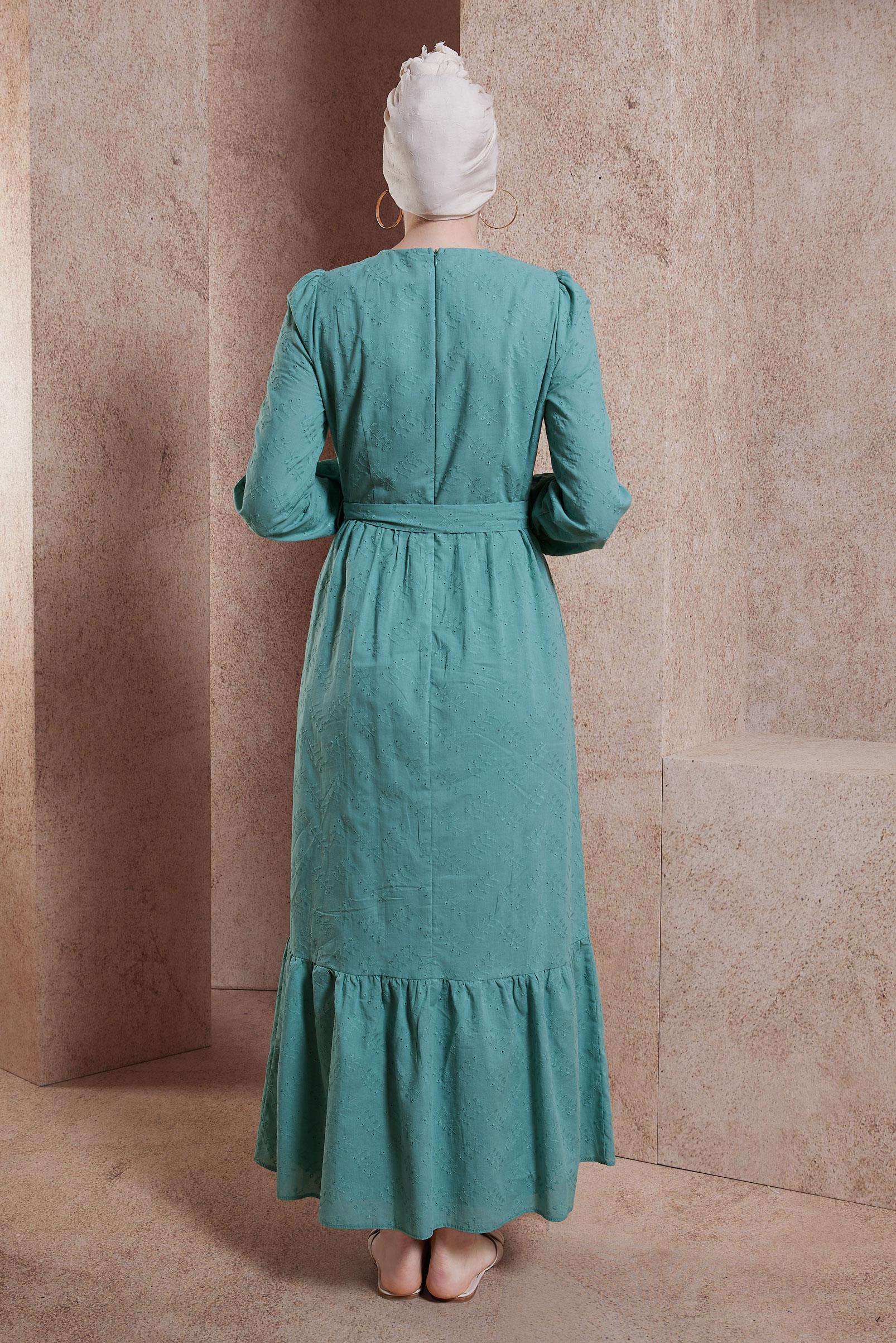 Tesettür giyim MAVİ KUŞAKLI PAMUKLU ELBİSE 44650