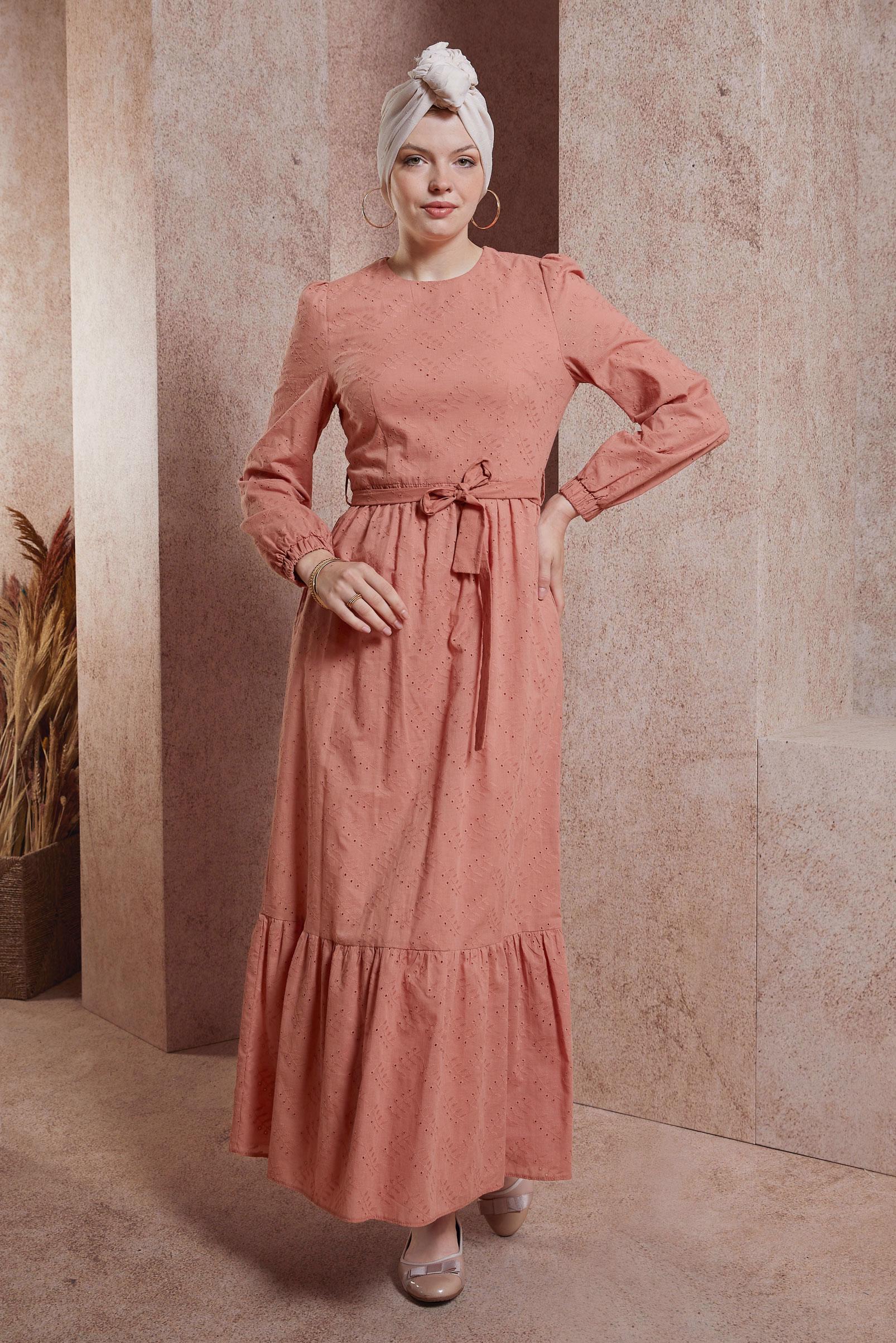 Tesettür giyim PEMBE KUŞAKLI PAMUKLU ELBİSE 44650