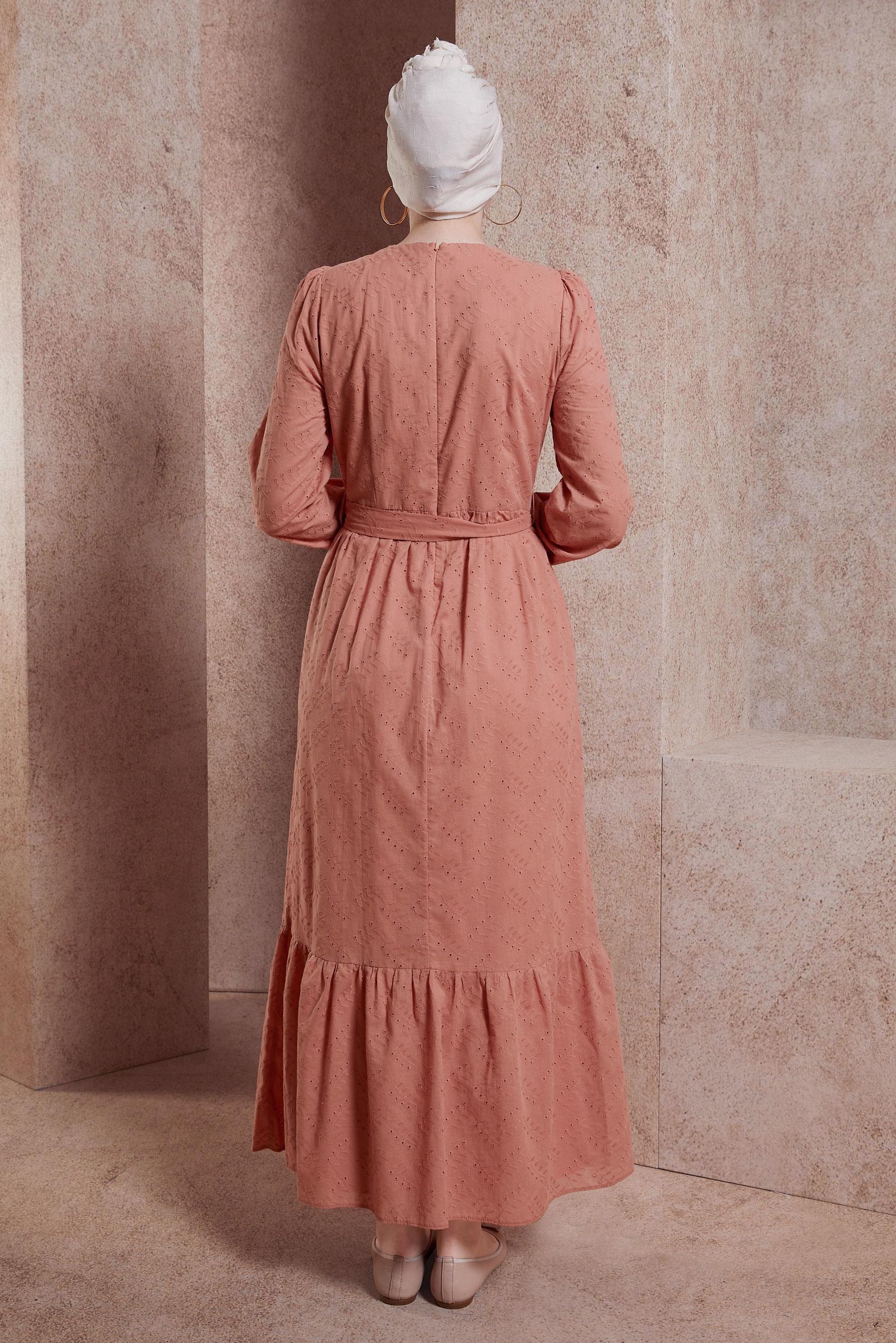 Tesettür giyim PEMBE KUŞAKLI PAMUKLU ELBİSE 44650