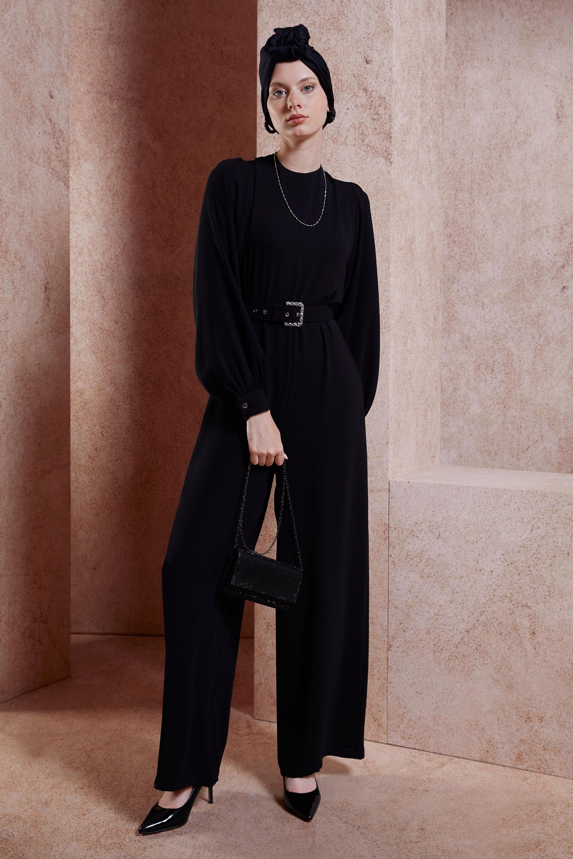 Tesettür giyim SİYAH KEMERLİ GENİŞ PAÇA TULUM 44651