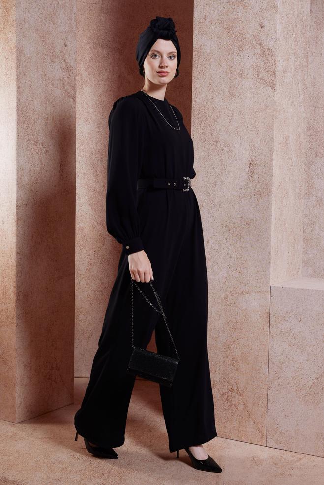 Tesettür giyim SİYAH KEMERLİ GENİŞ PAÇA TULUM 44651 - ALVİNA