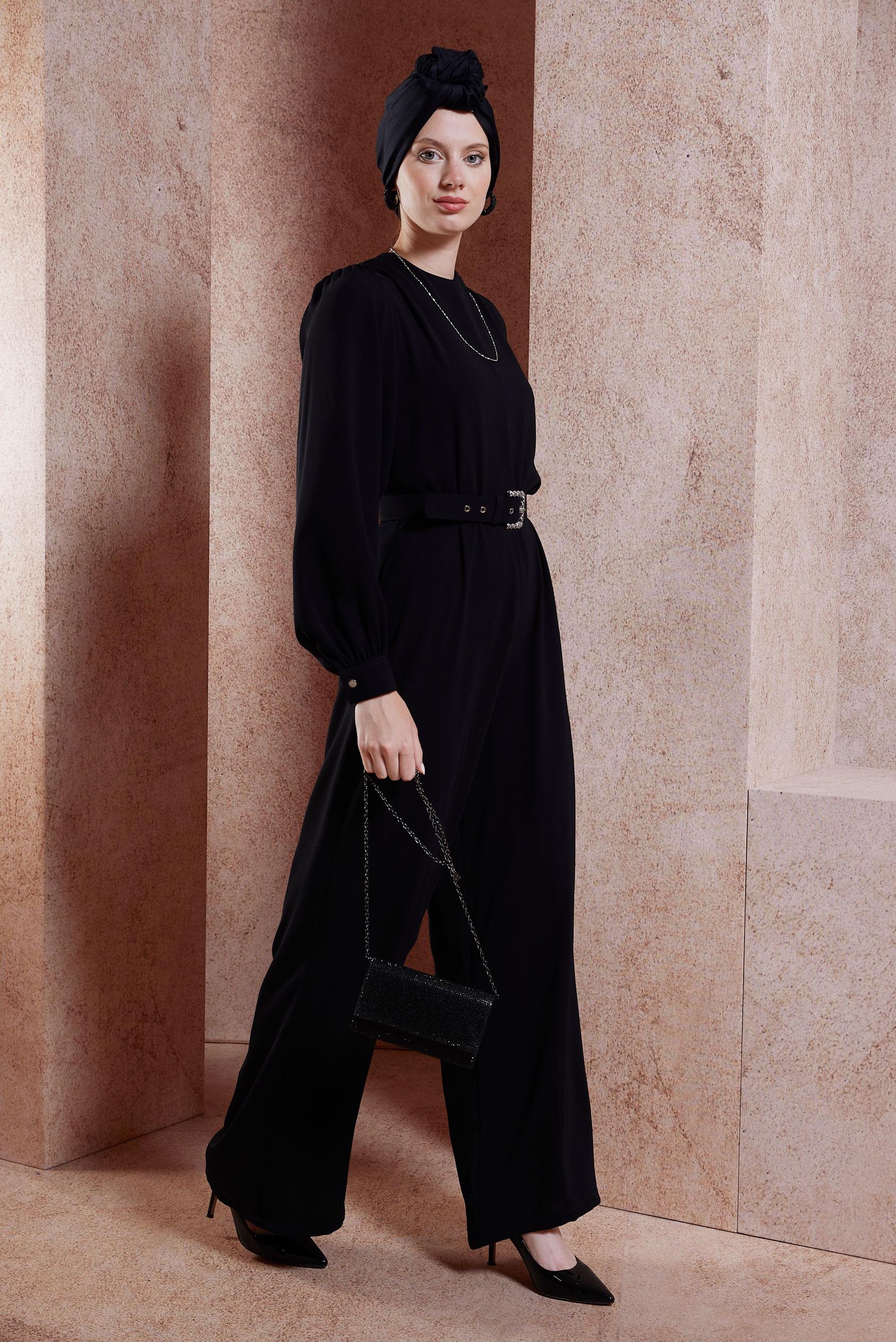 Tesettür giyim SİYAH KEMERLİ GENİŞ PAÇA TULUM 44651