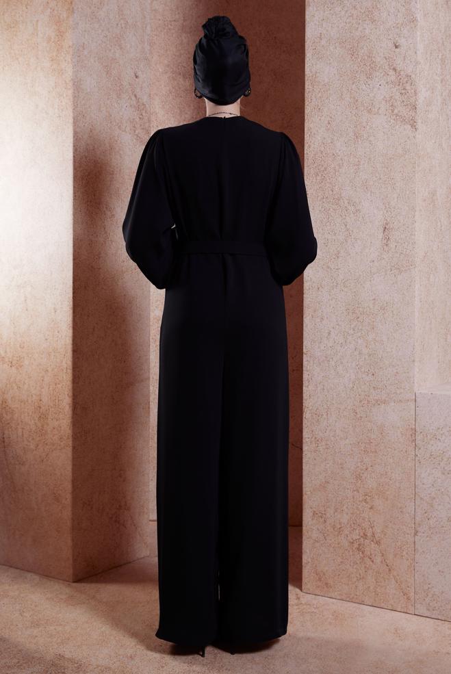 Tesettür giyim SİYAH KEMERLİ GENİŞ PAÇA TULUM 44651 - ALVİNA