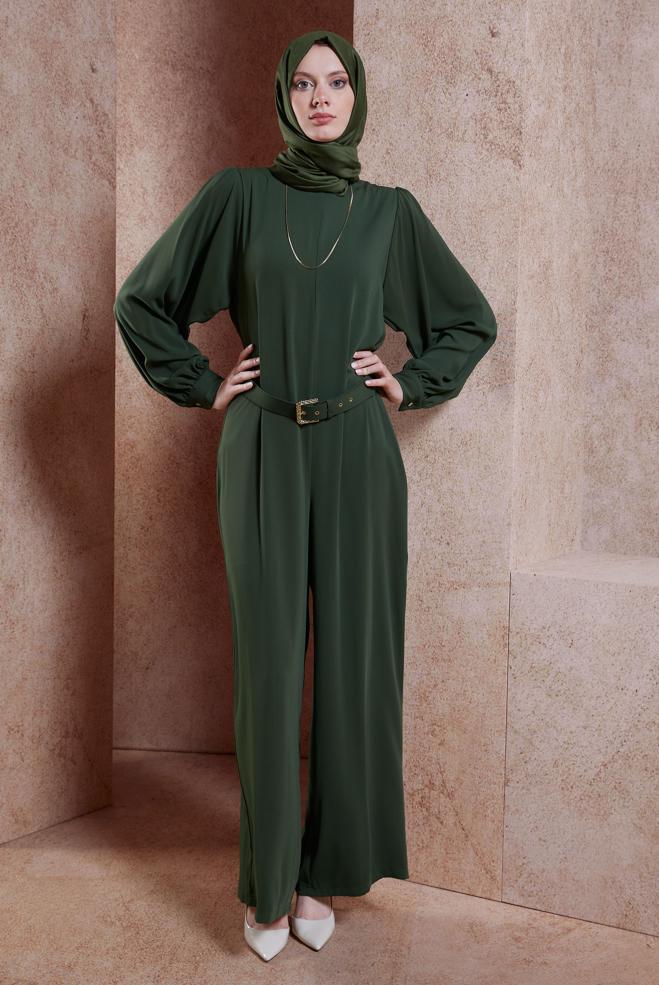 Tesettür giyim HAKİ KEMERLİ GENİŞ PAÇA TULUM 44651 - ALVİNA