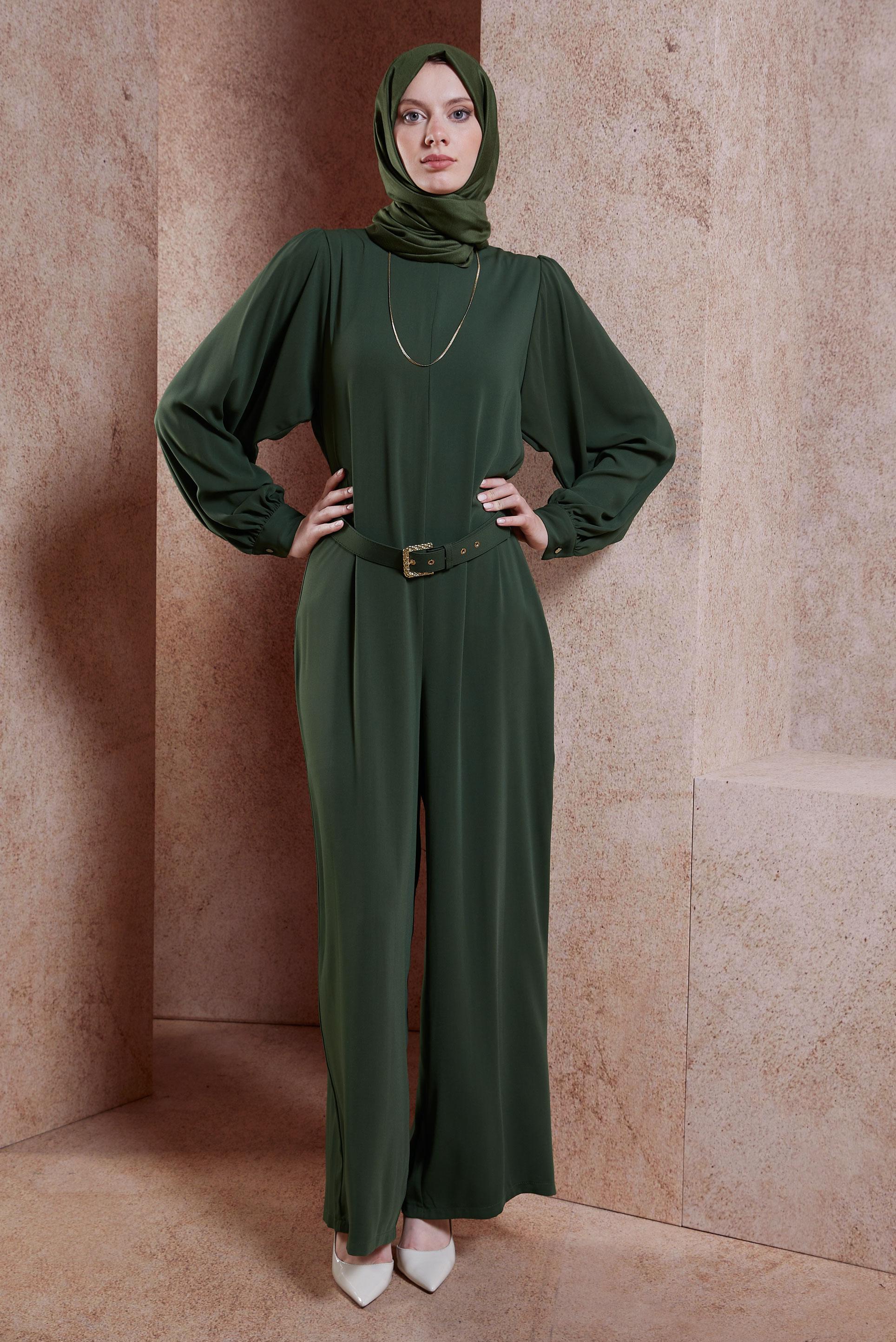 Tesettür giyim HAKİ KEMERLİ GENİŞ PAÇA TULUM 44651