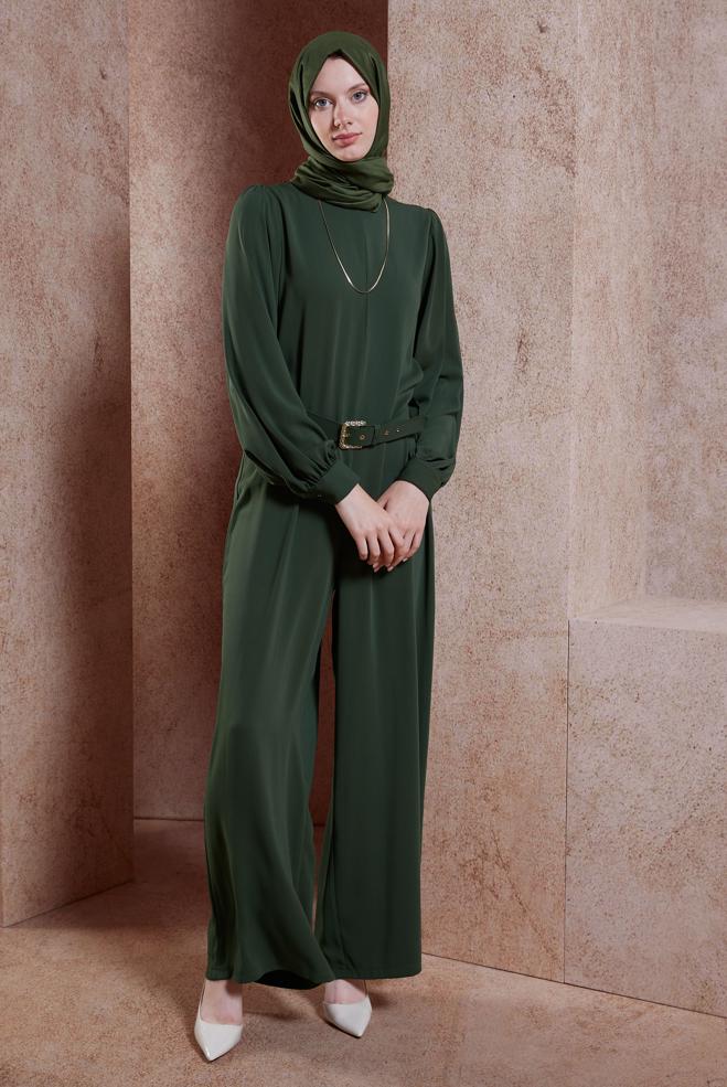 Tesettür giyim HAKİ KEMERLİ GENİŞ PAÇA TULUM 44651 - ALVİNA