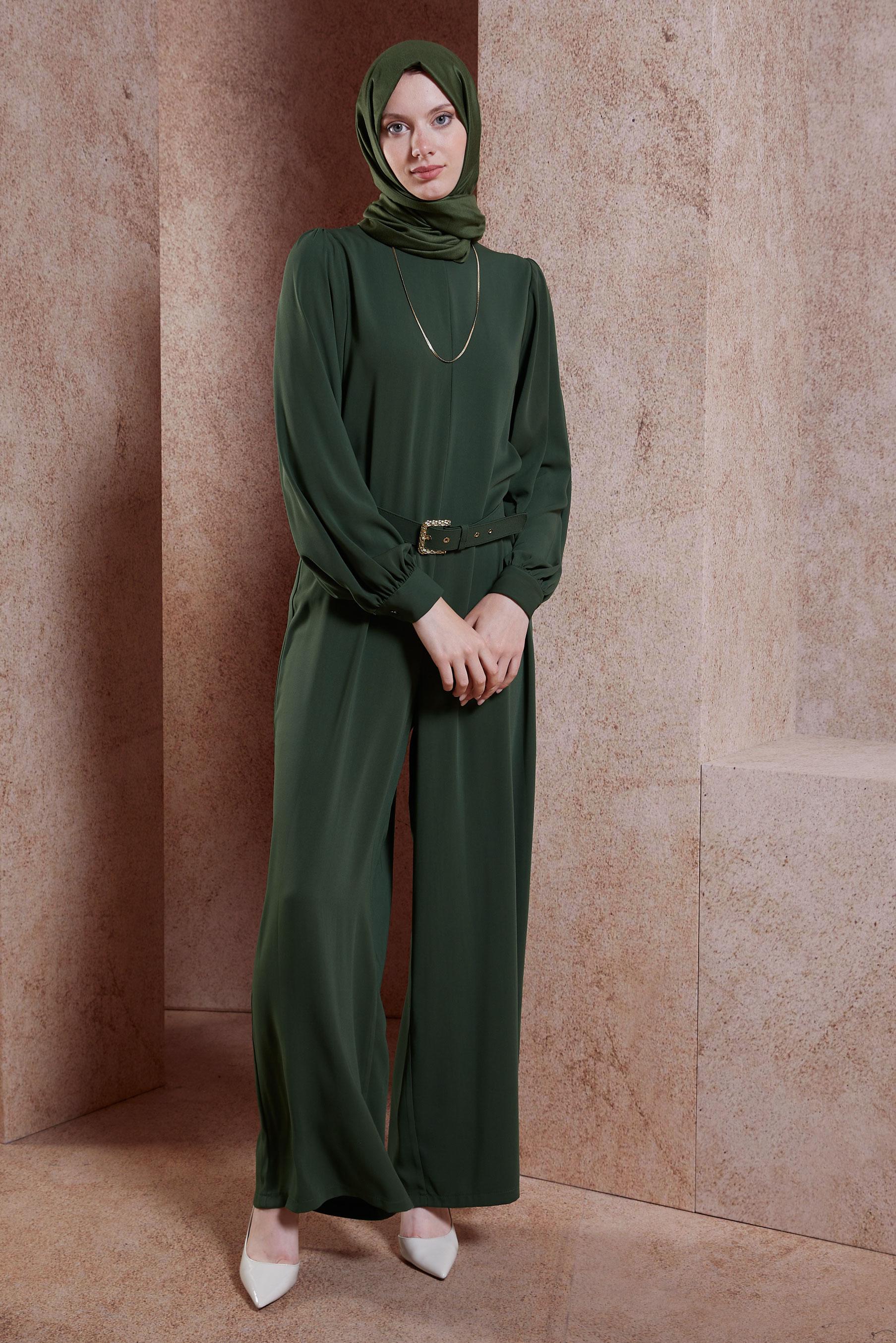 Tesettür giyim HAKİ KEMERLİ GENİŞ PAÇA TULUM 44651