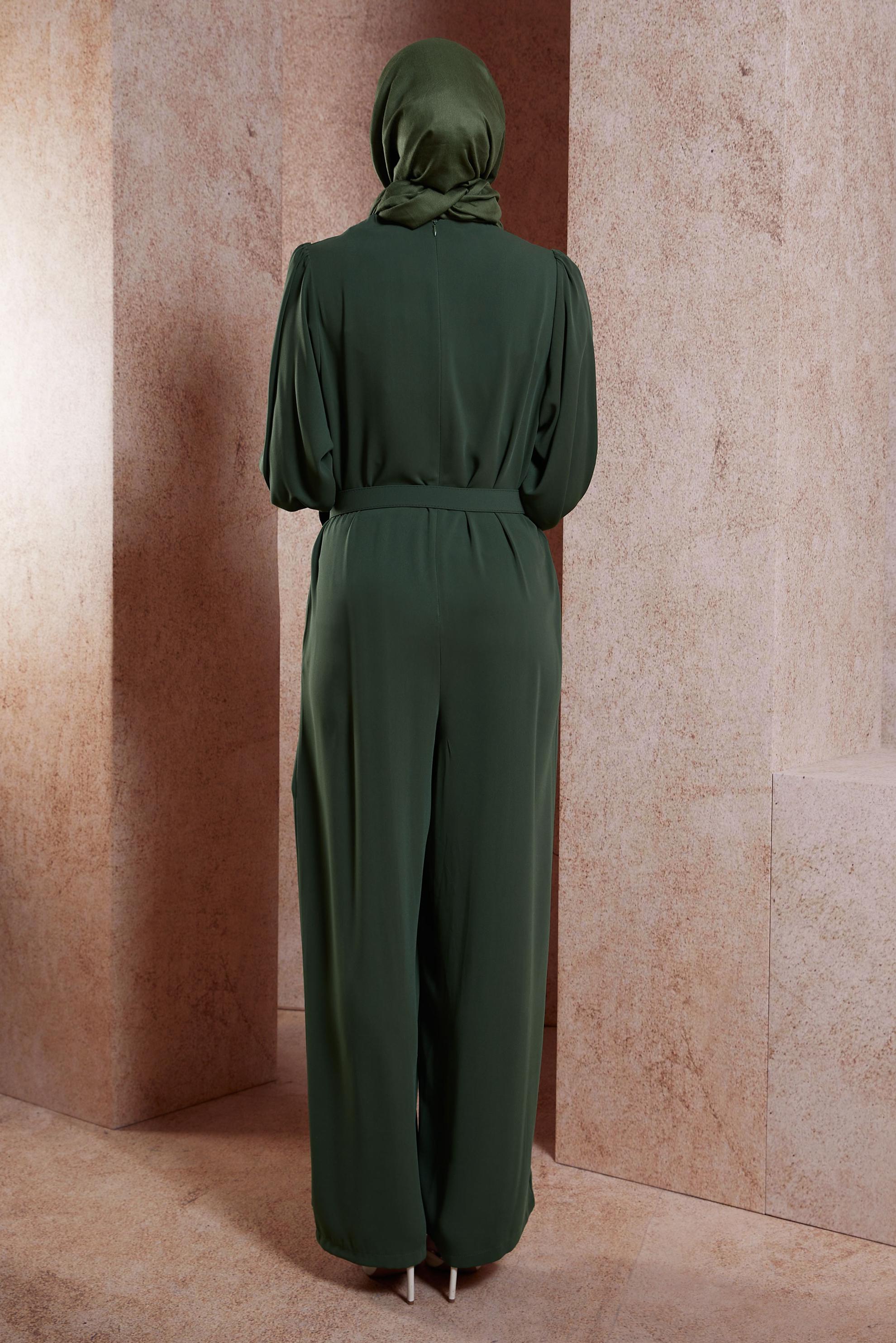 Tesettür giyim HAKİ KEMERLİ GENİŞ PAÇA TULUM 44651