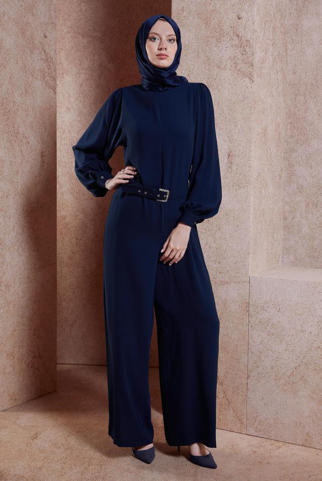 Tesettür giyim LACİVERT KEMERLİ GENİŞ PAÇA TULUM 44651 - ALVİNA
