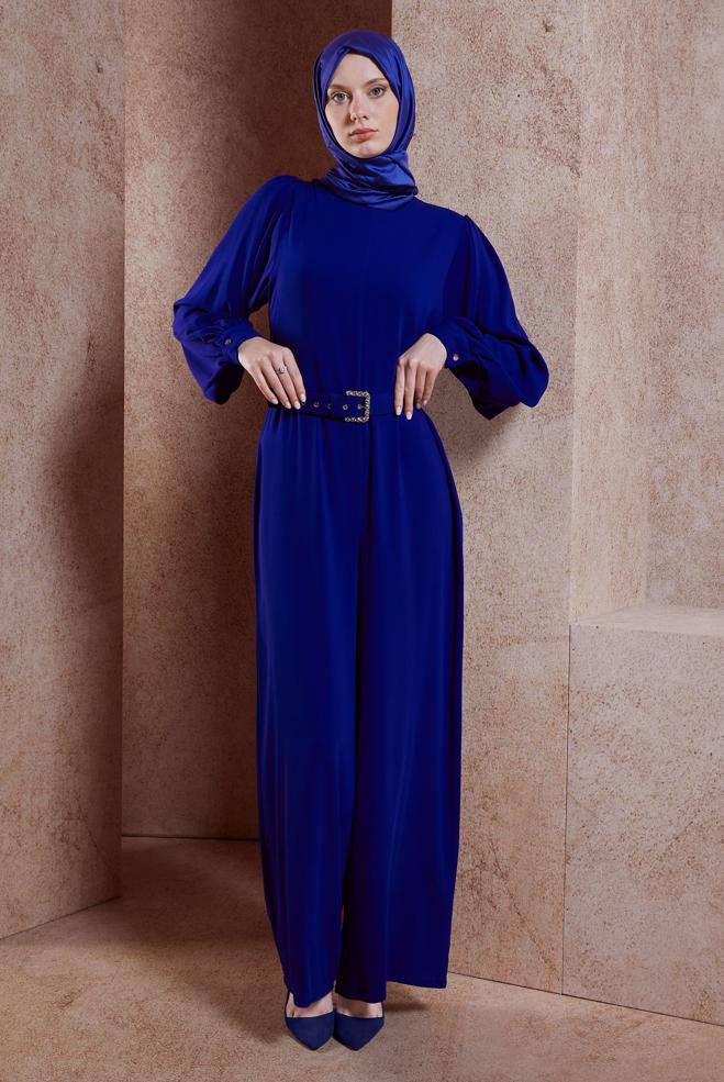 Tesettür giyim LACİVERT KEMERLİ GENİŞ PAÇA TULUM 44651 - ALVİNA