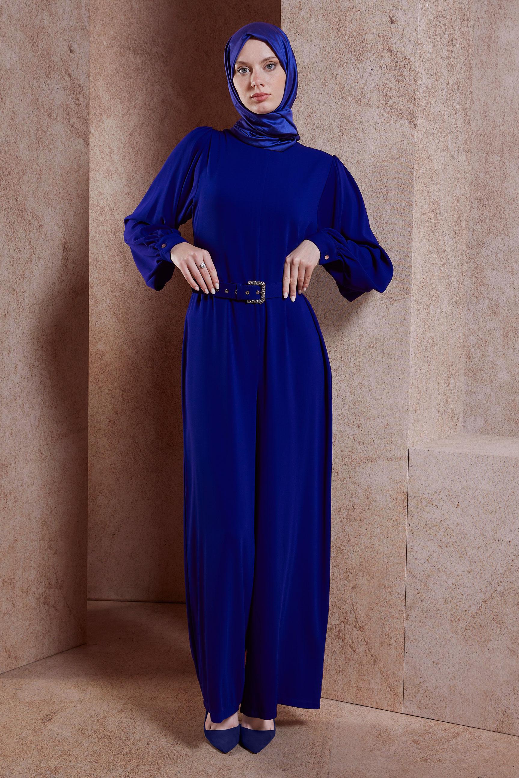 Tesettür giyim LACİVERT KEMERLİ GENİŞ PAÇA TULUM 44651