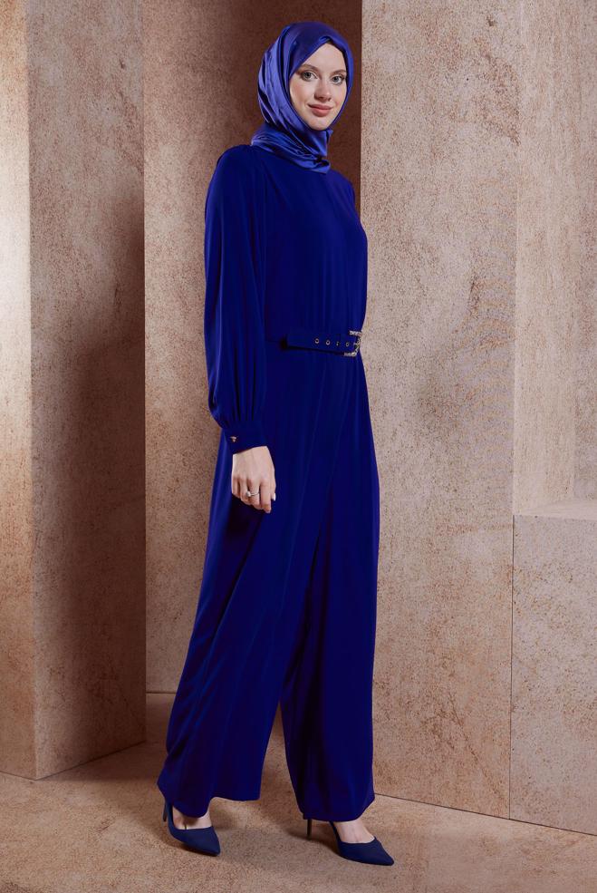 Tesettür giyim LACİVERT KEMERLİ GENİŞ PAÇA TULUM 44651 - ALVİNA