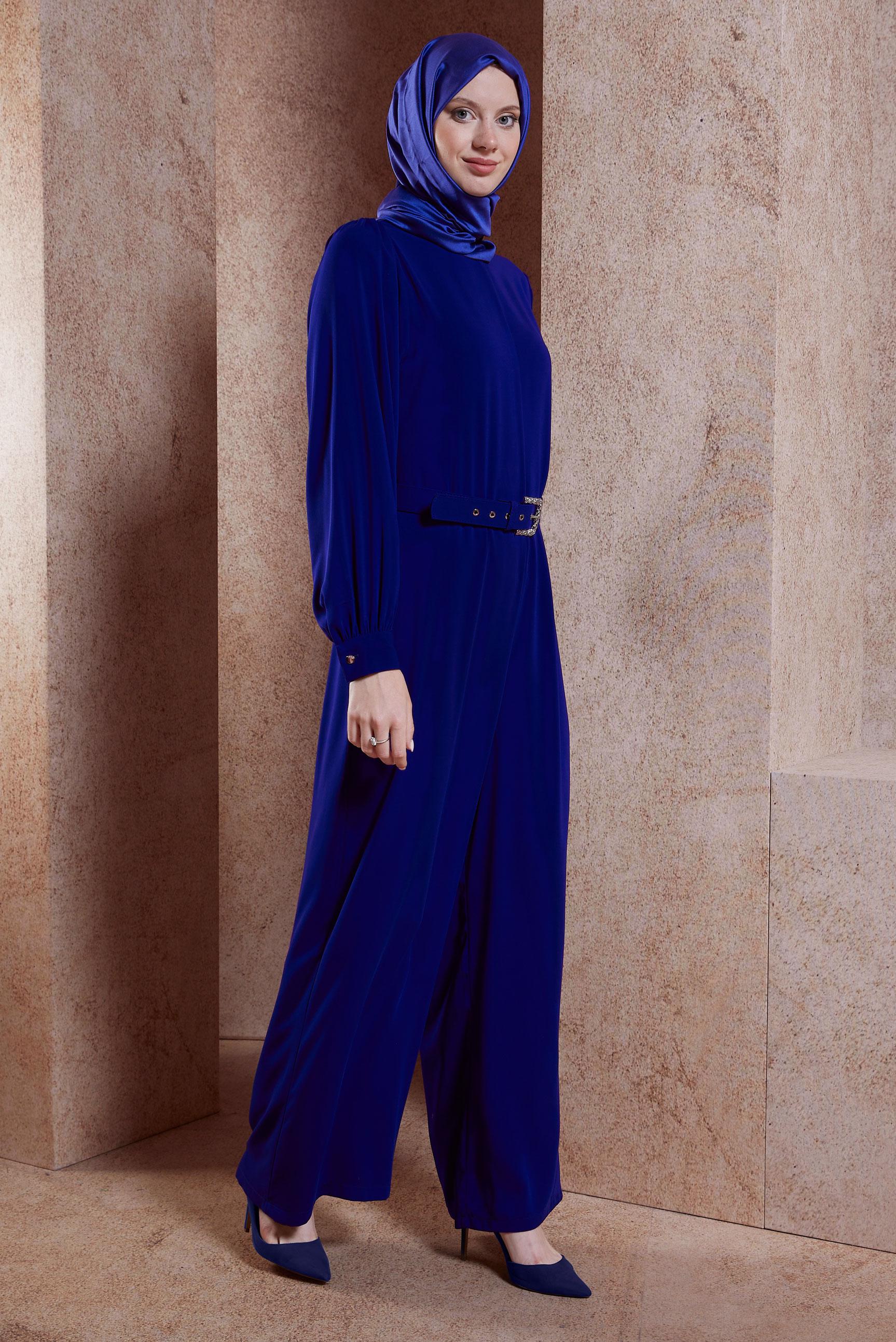 Tesettür giyim LACİVERT KEMERLİ GENİŞ PAÇA TULUM 44651