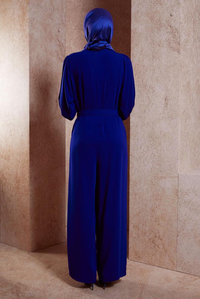 Tesettür giyim LACİVERT KEMERLİ GENİŞ PAÇA TULUM 44651 - ALVİNA