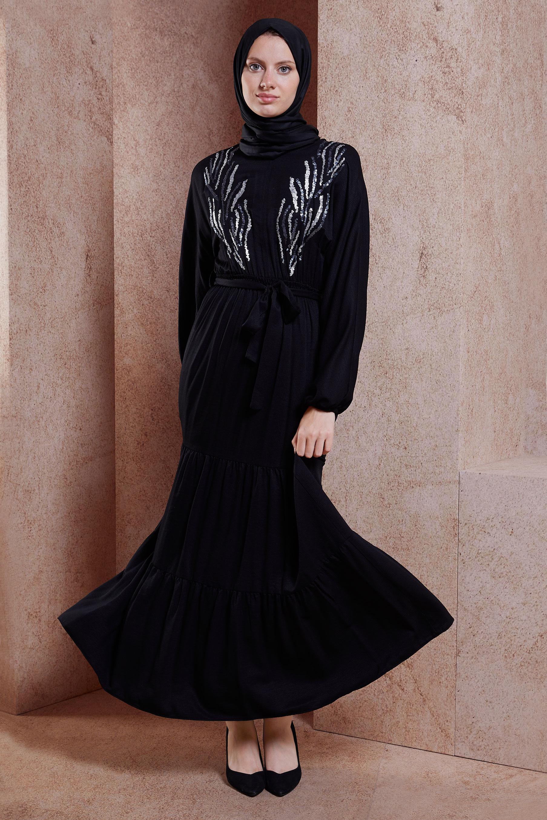 Tesettür giyim SİYAH KUŞAKLI VİSKON ELBİSE 44662