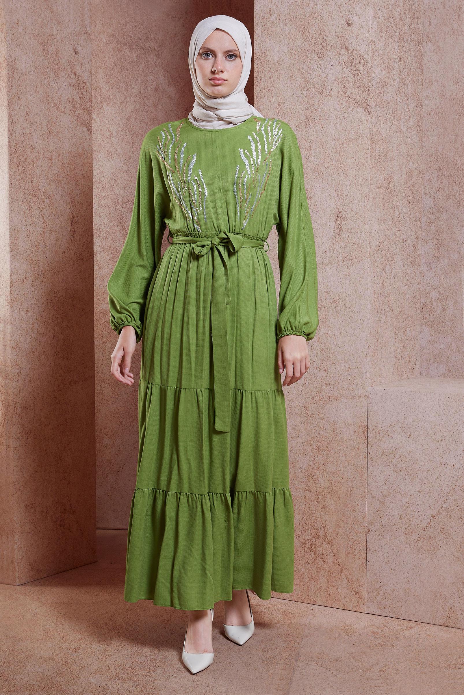 Tesettür giyim YEŞİL KUŞAKLI VİSKON ELBİSE 44662