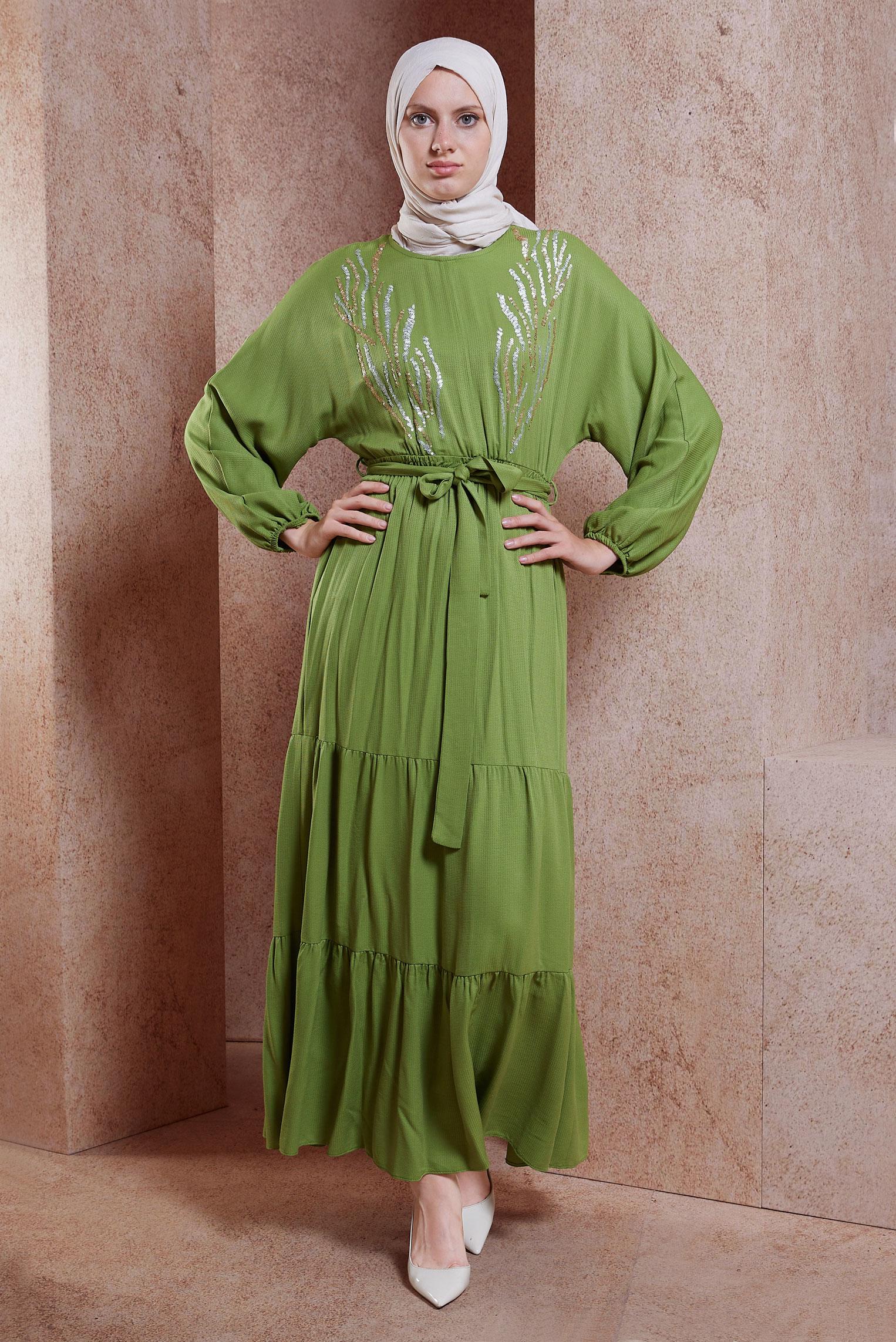 Tesettür giyim YEŞİL KUŞAKLI VİSKON ELBİSE 44662