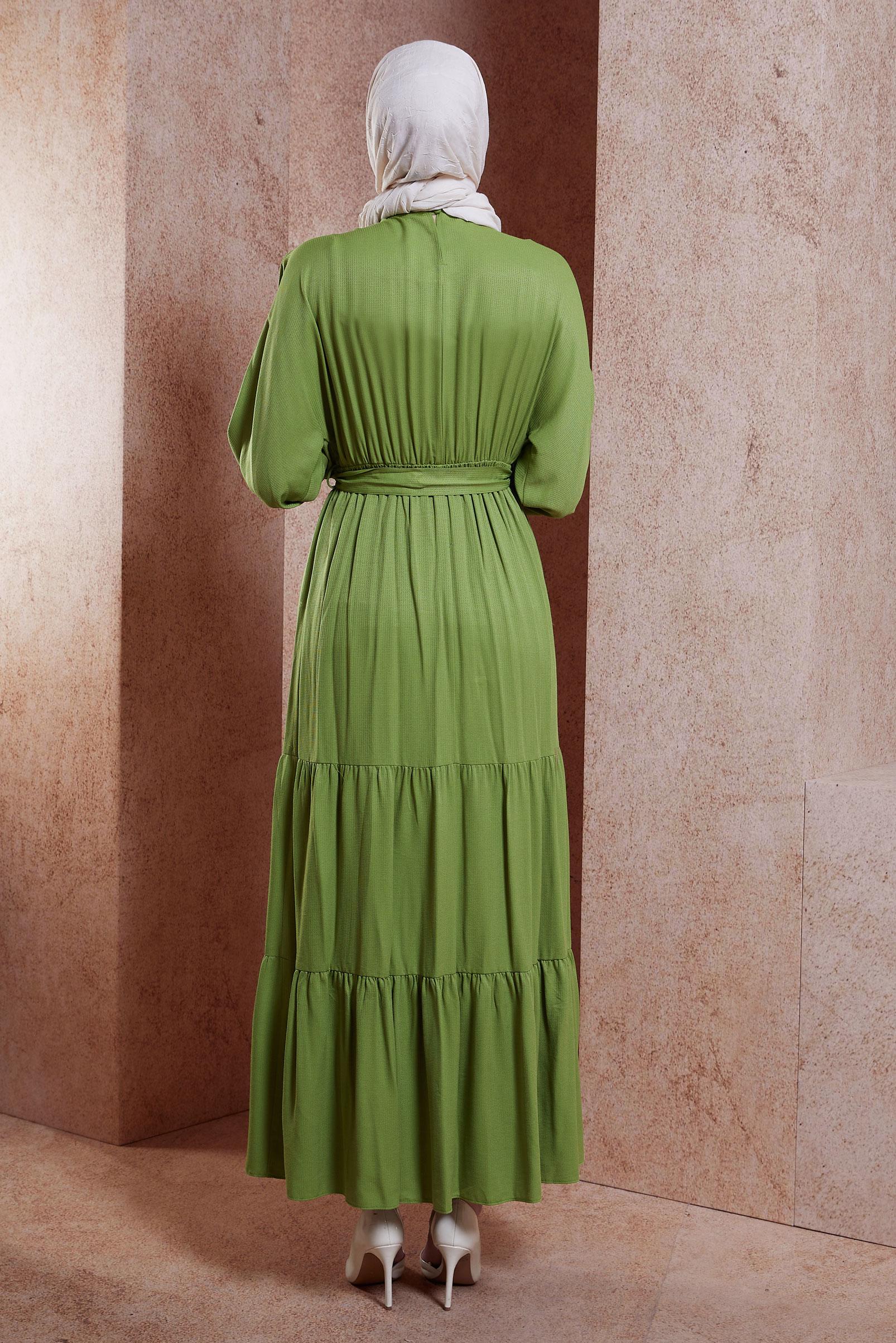 Tesettür giyim YEŞİL KUŞAKLI VİSKON ELBİSE 44662