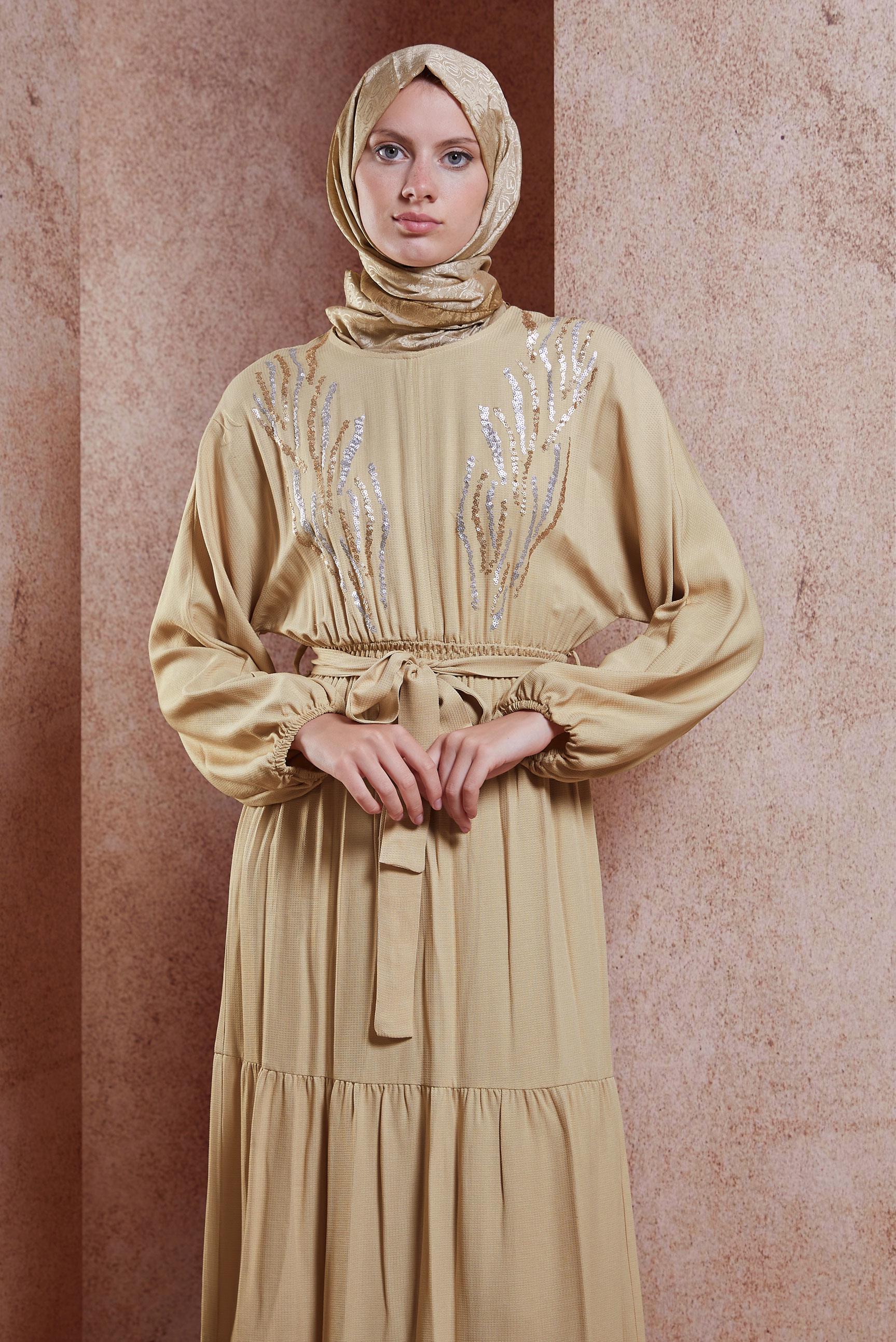 Tesettür giyim KAHVE KUŞAKLI VİSKON ELBİSE 44662