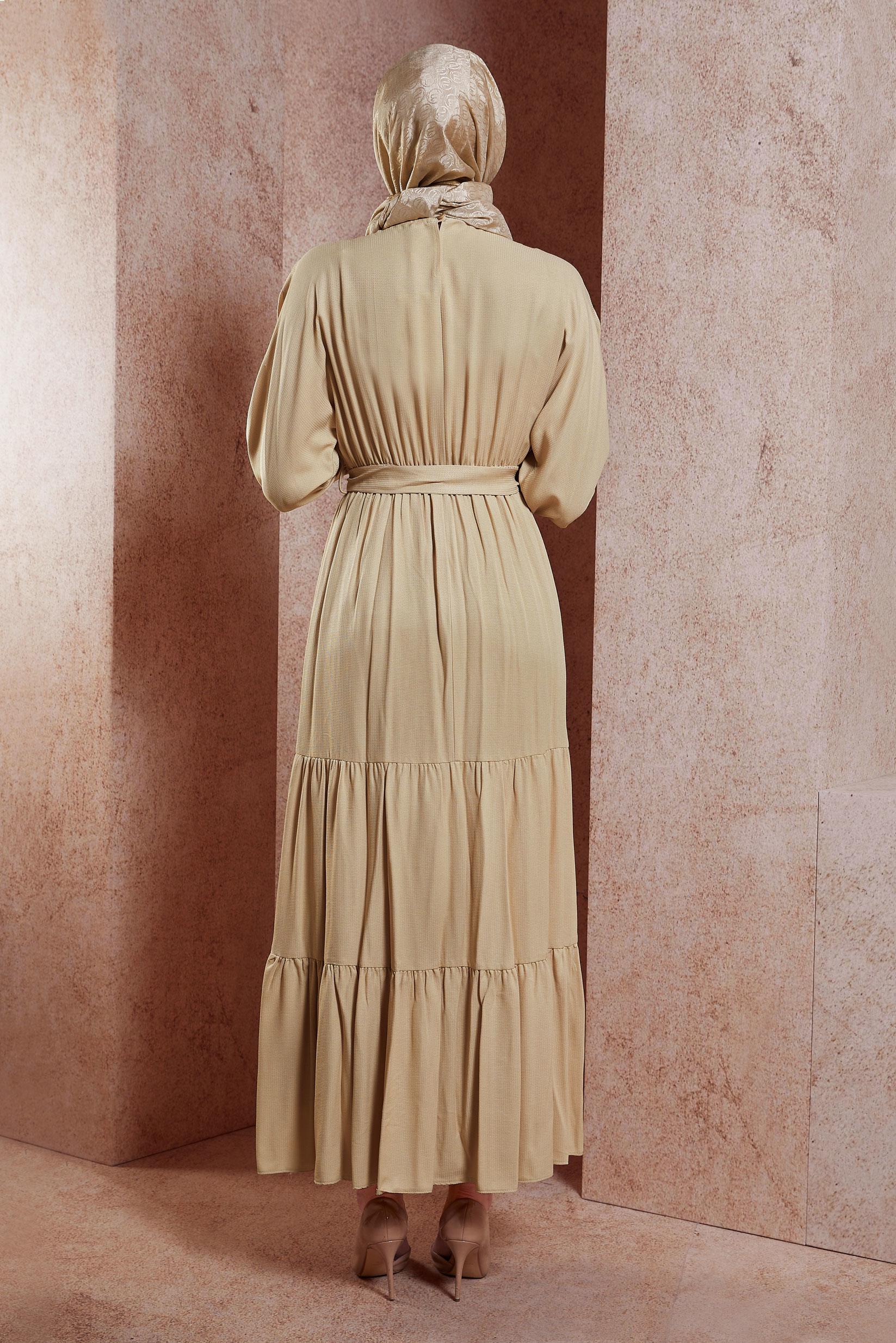 Tesettür giyim KAHVE KUŞAKLI VİSKON ELBİSE 44662