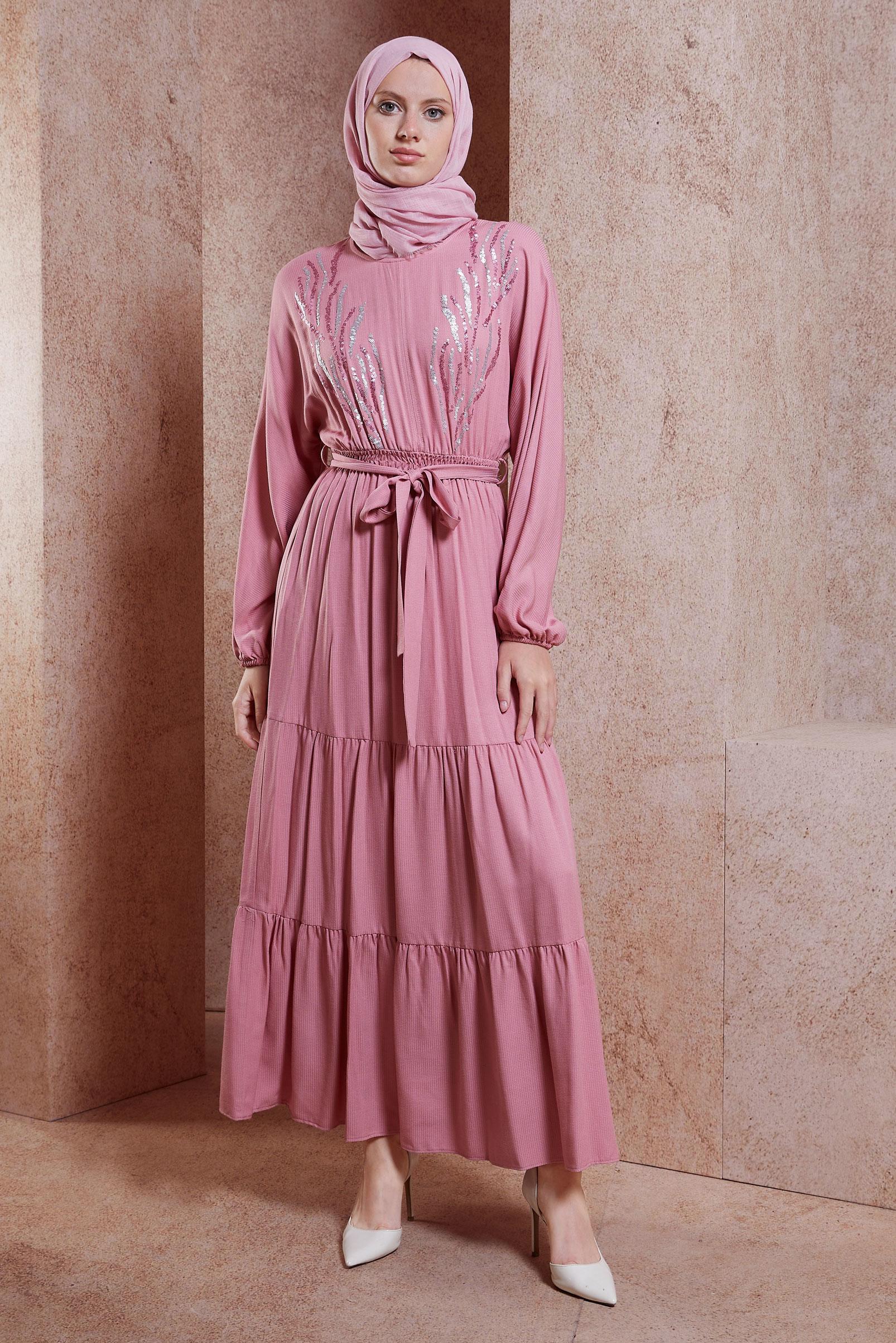 Tesettür giyim PUDRA KUŞAKLI VİSKON ELBİSE 44662