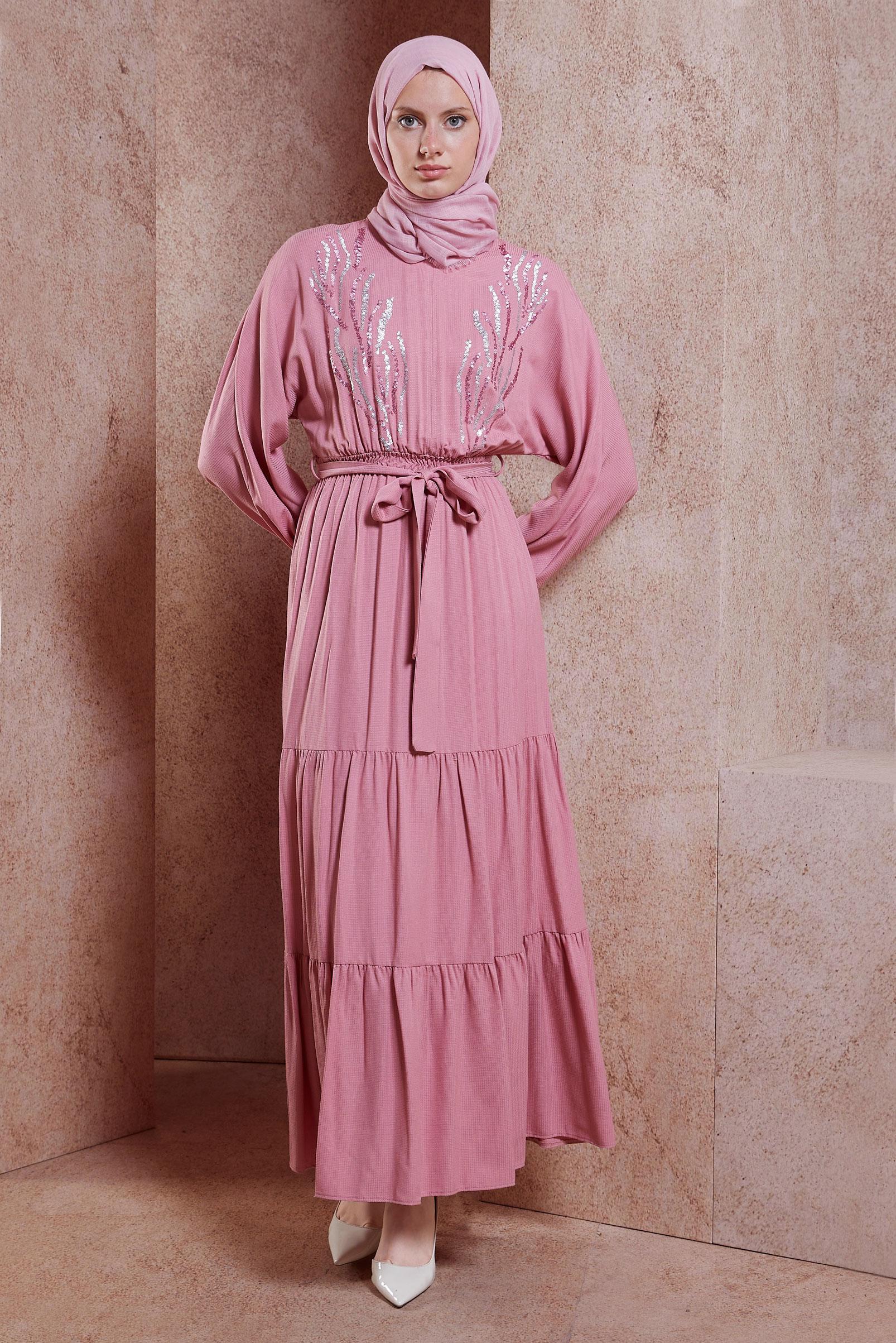 Tesettür giyim PUDRA KUŞAKLI VİSKON ELBİSE 44662