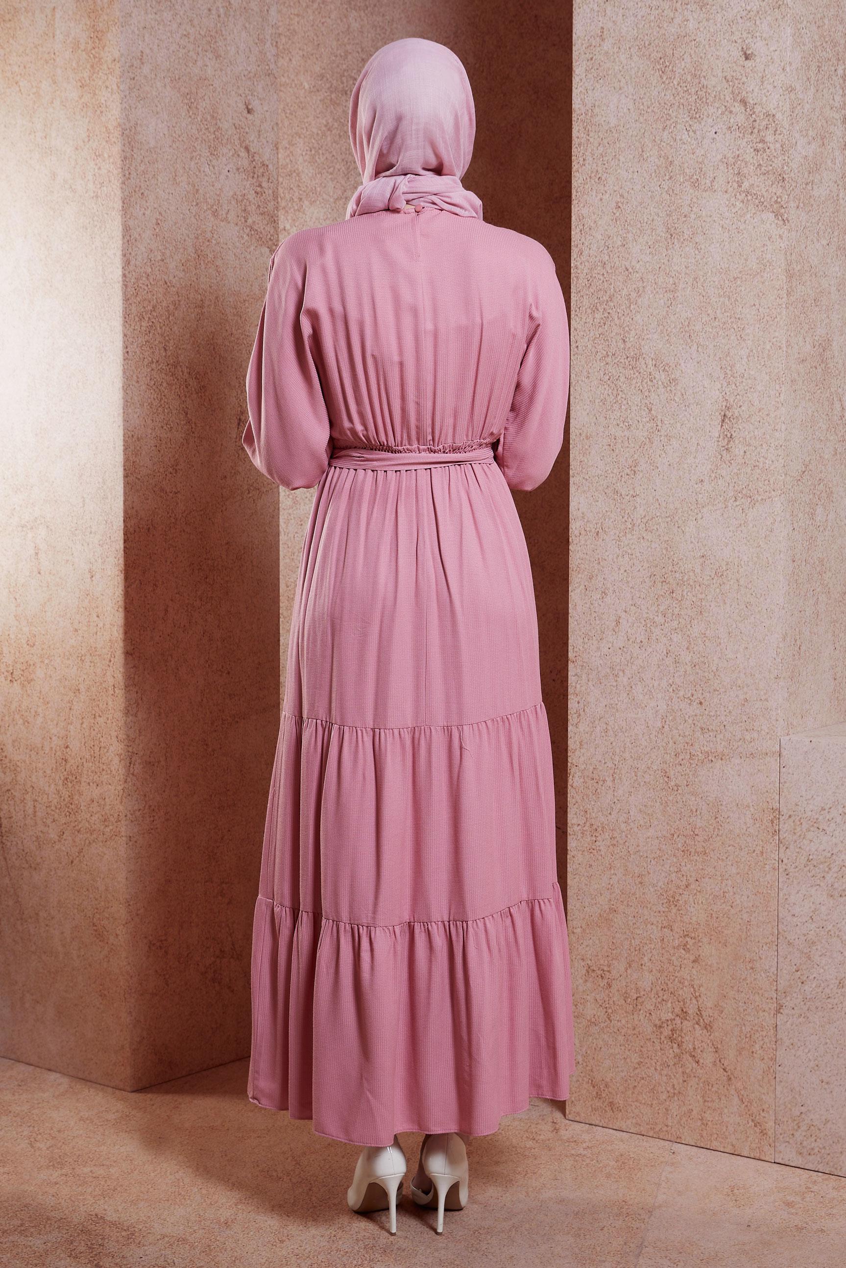 Tesettür giyim PUDRA KUŞAKLI VİSKON ELBİSE 44662