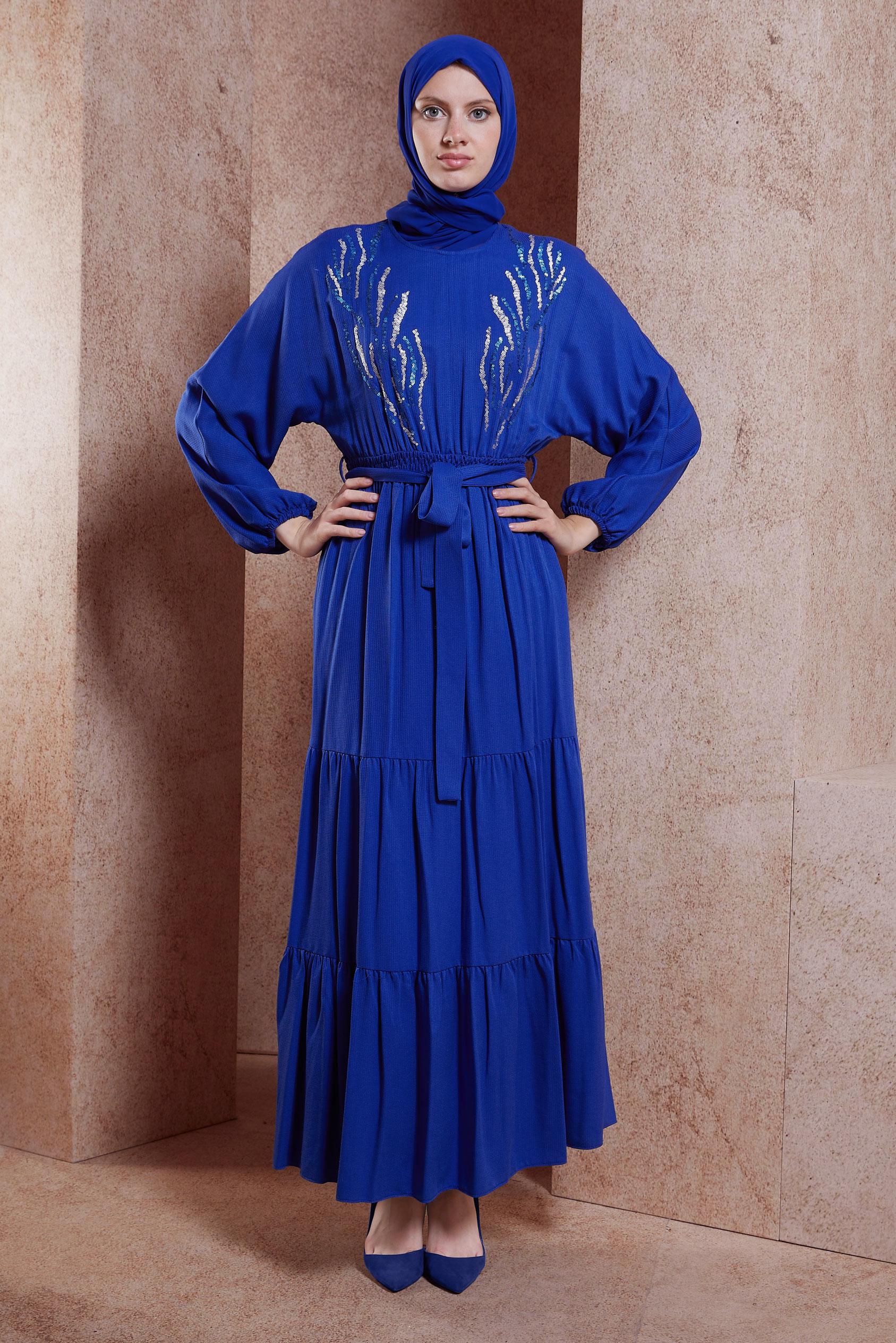 Tesettür giyim LACİVERT KUŞAKLI VİSKON ELBİSE 44662