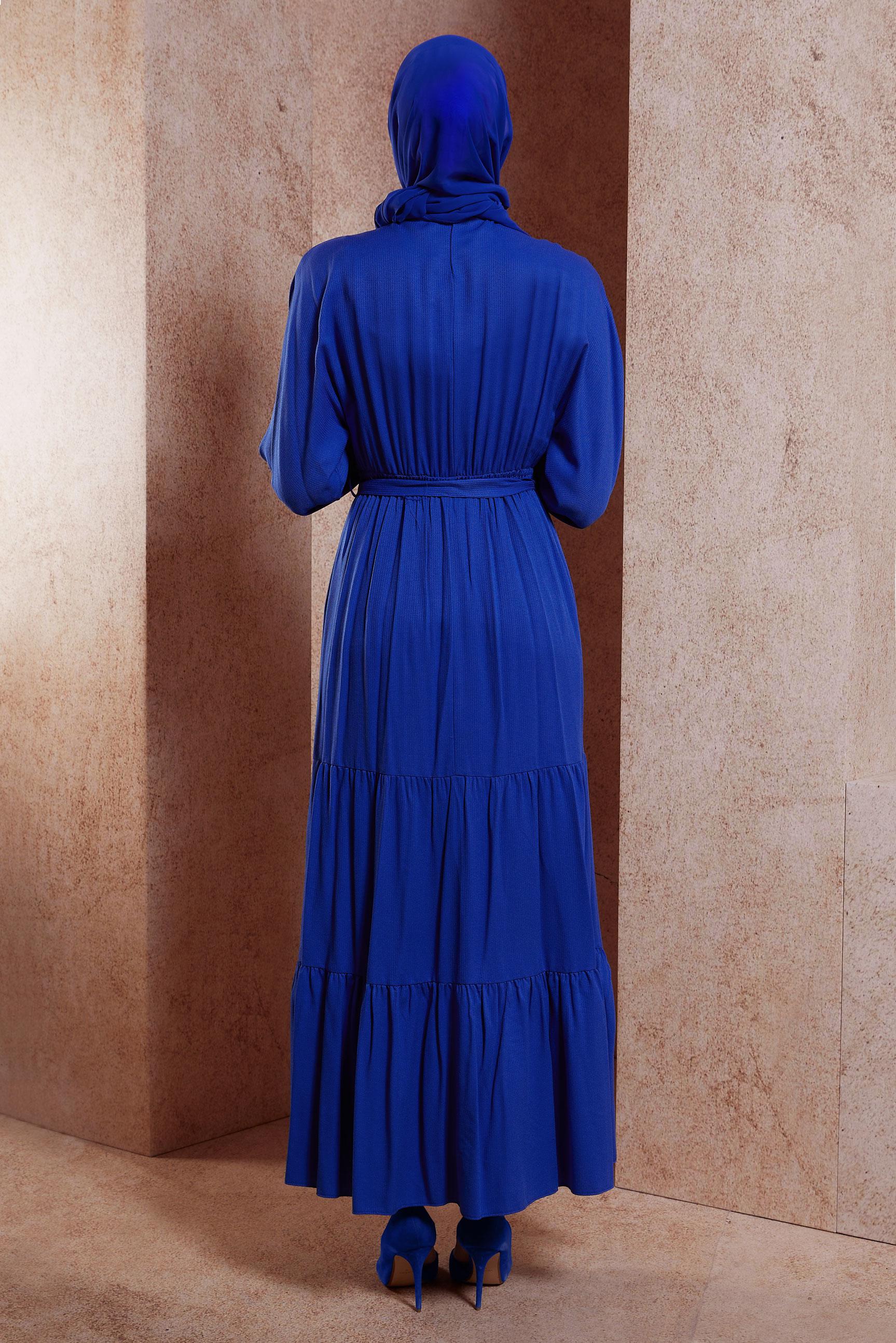 Tesettür giyim LACİVERT KUŞAKLI VİSKON ELBİSE 44662