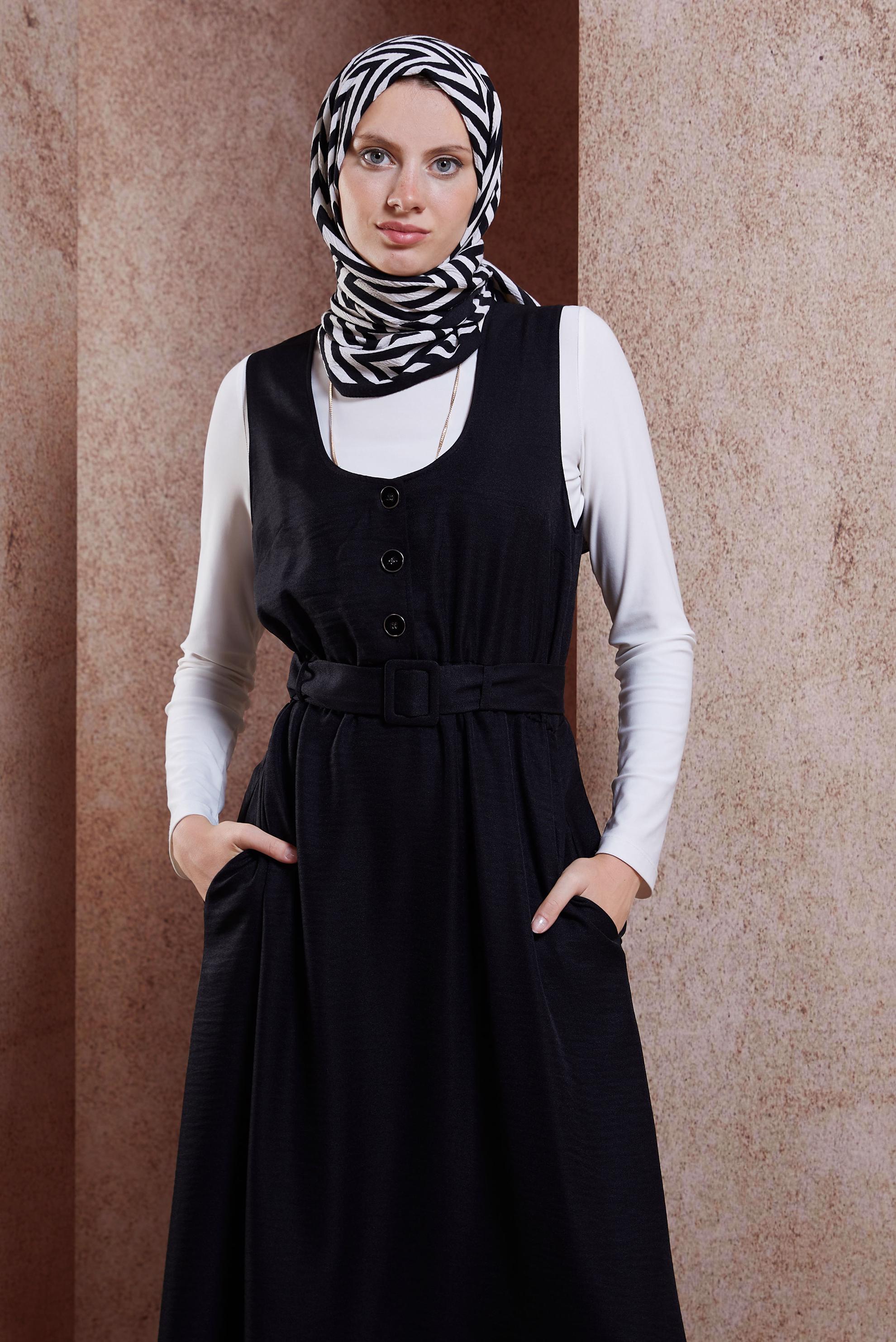 Tesettür giyim SİYAH KEMERLİ JİLE ELBİSE 44668