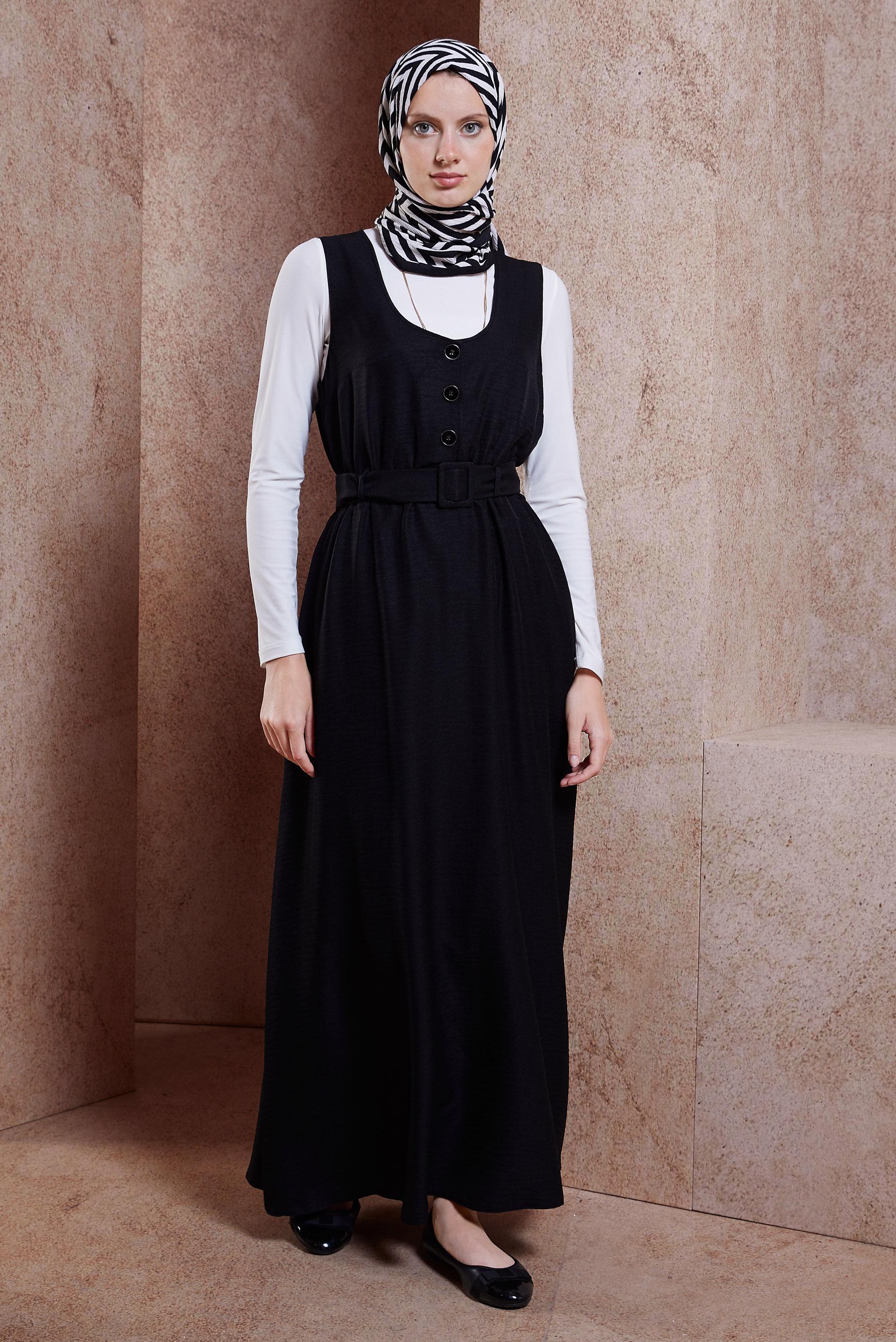 Tesettür giyim SİYAH KEMERLİ JİLE ELBİSE 44668