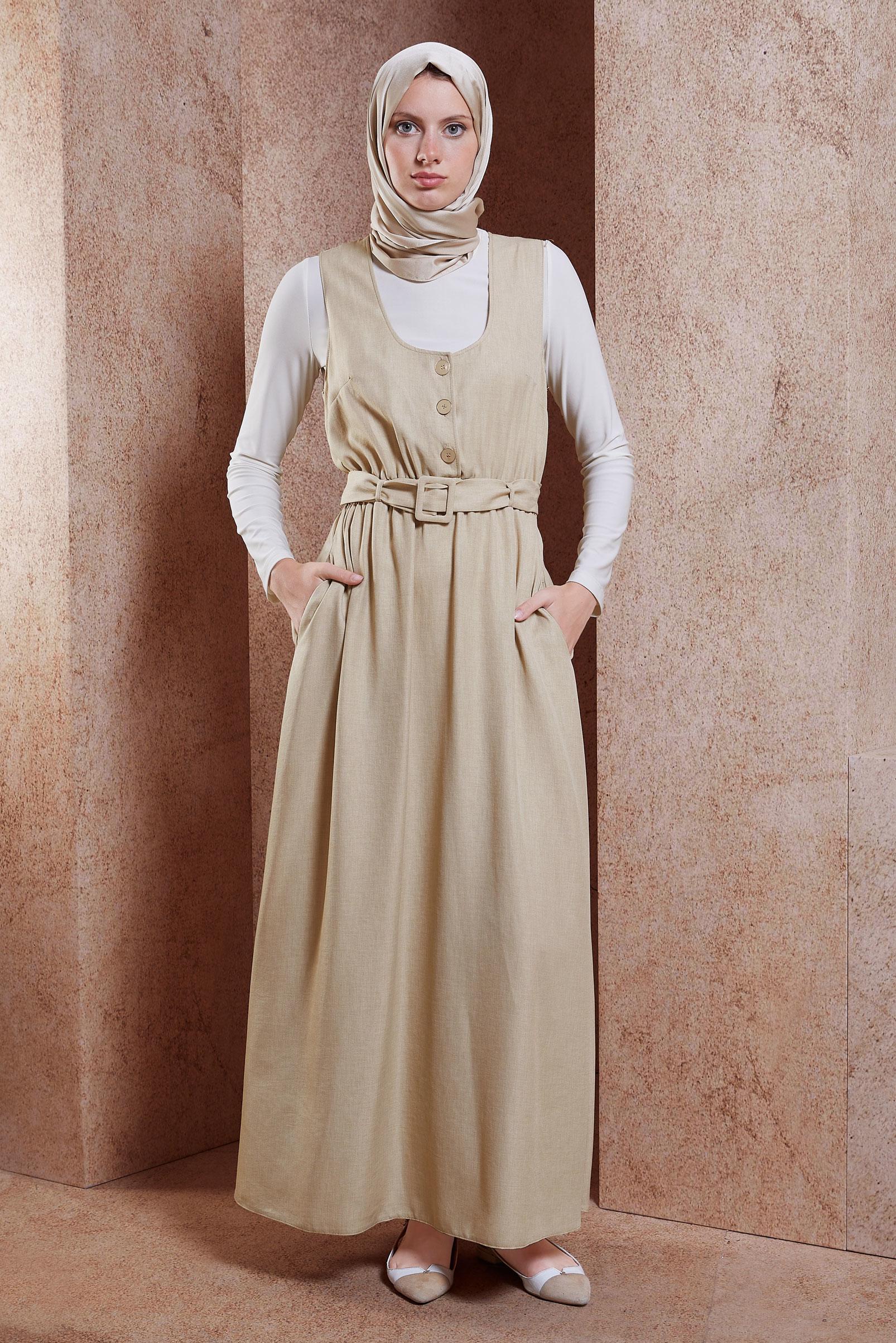 Tesettür giyim BEJ KEMERLİ JİLE ELBİSE 44668