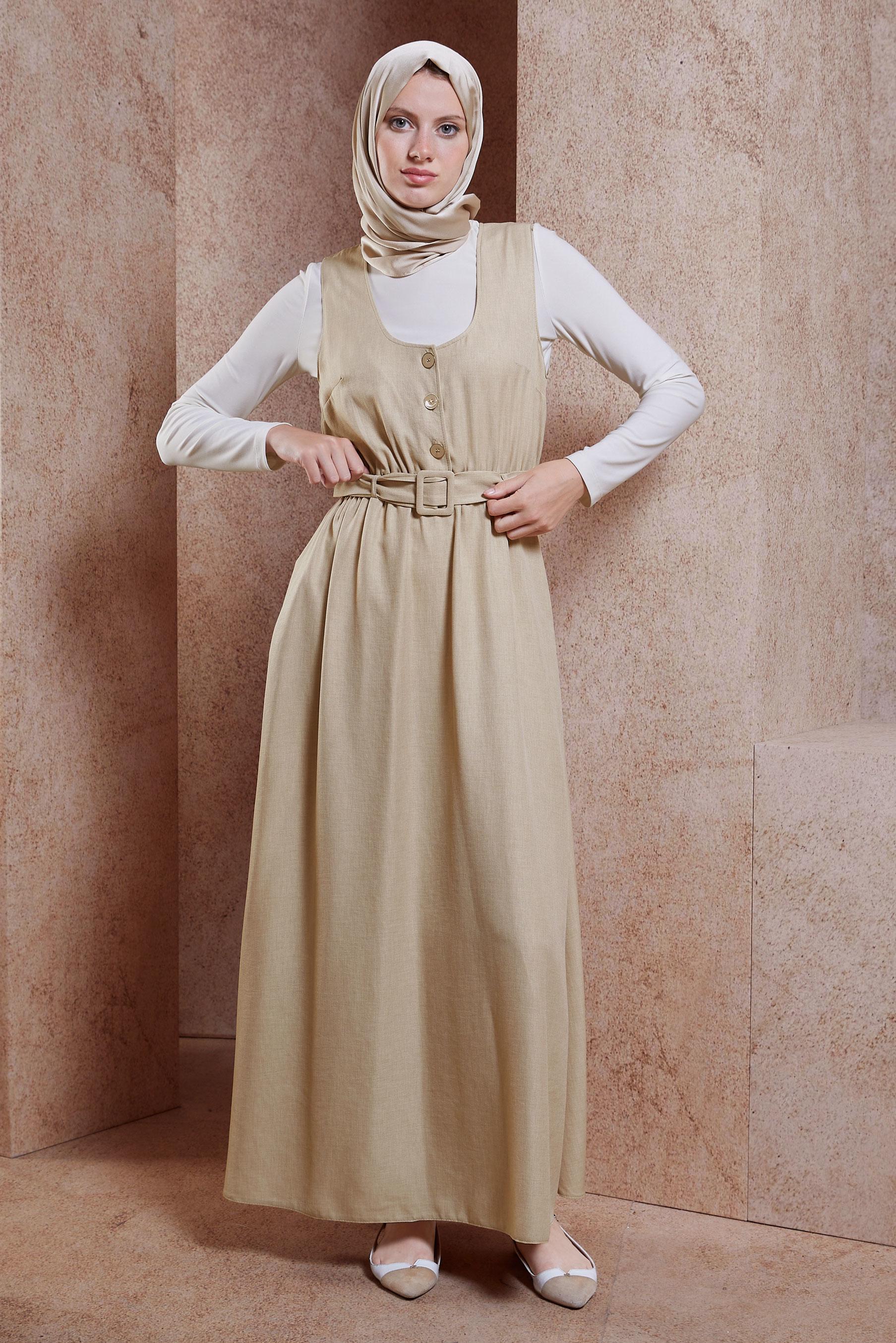 Tesettür giyim BEJ KEMERLİ JİLE ELBİSE 44668