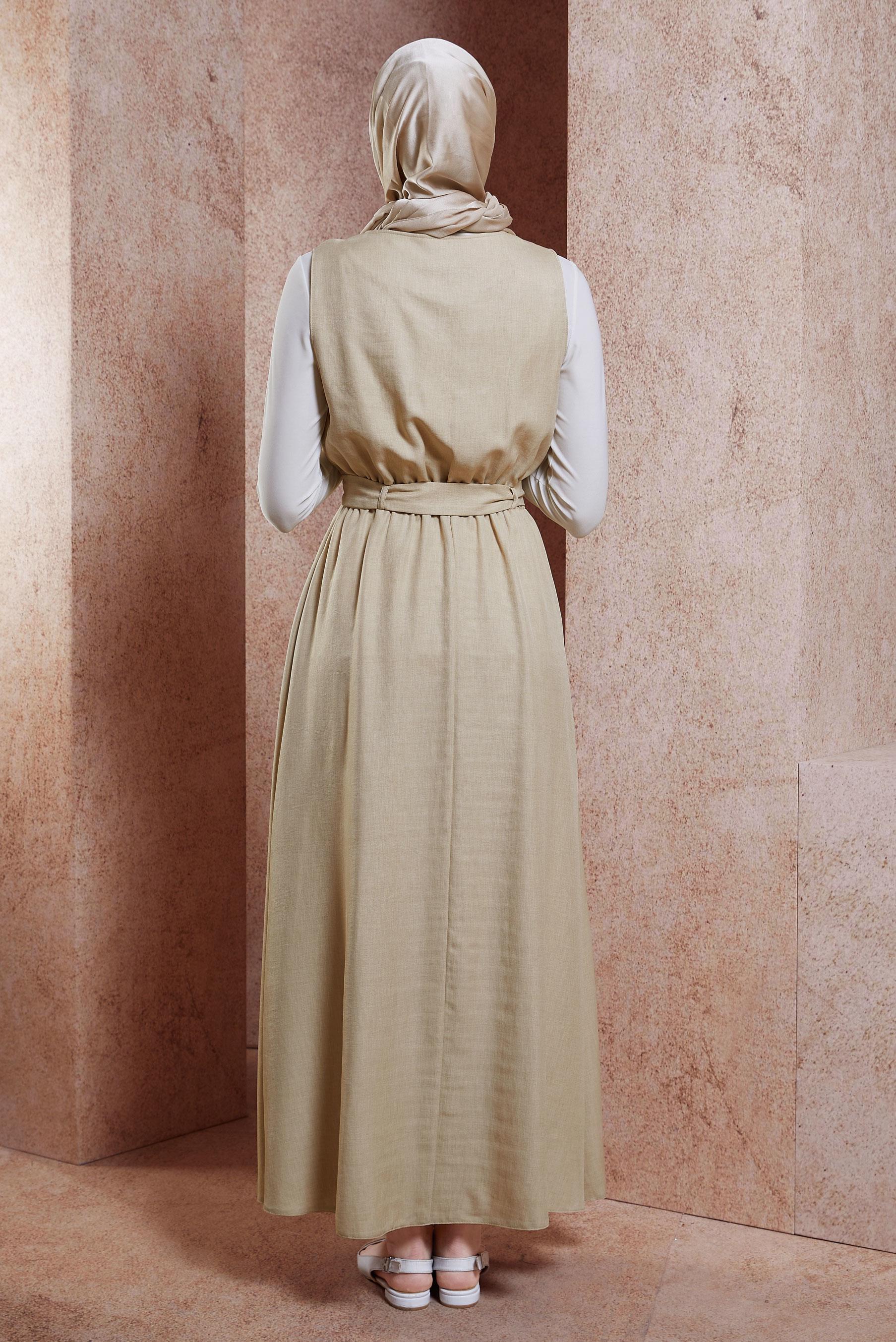 Tesettür giyim BEJ KEMERLİ JİLE ELBİSE 44668