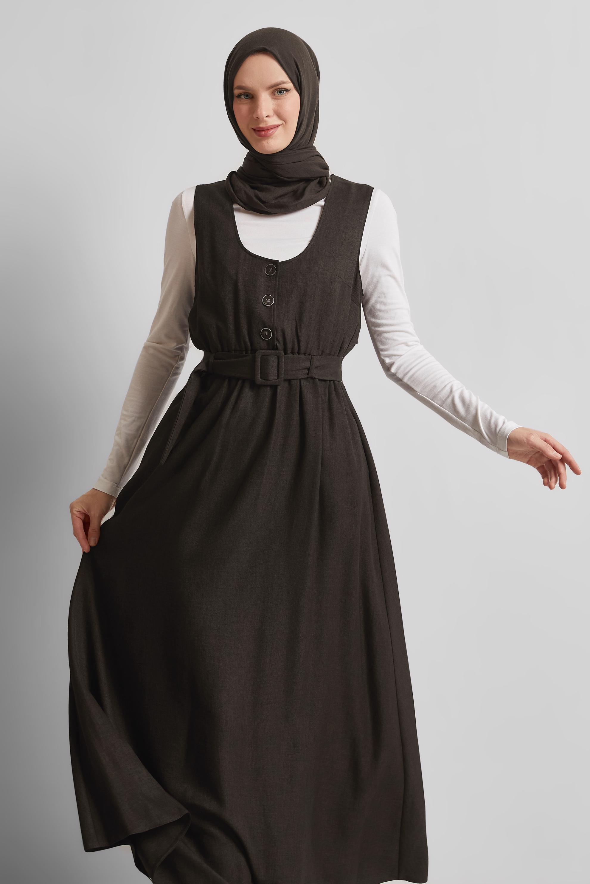 Tesettür giyim KAHVE KEMERLİ JİLE ELBİSE 44668