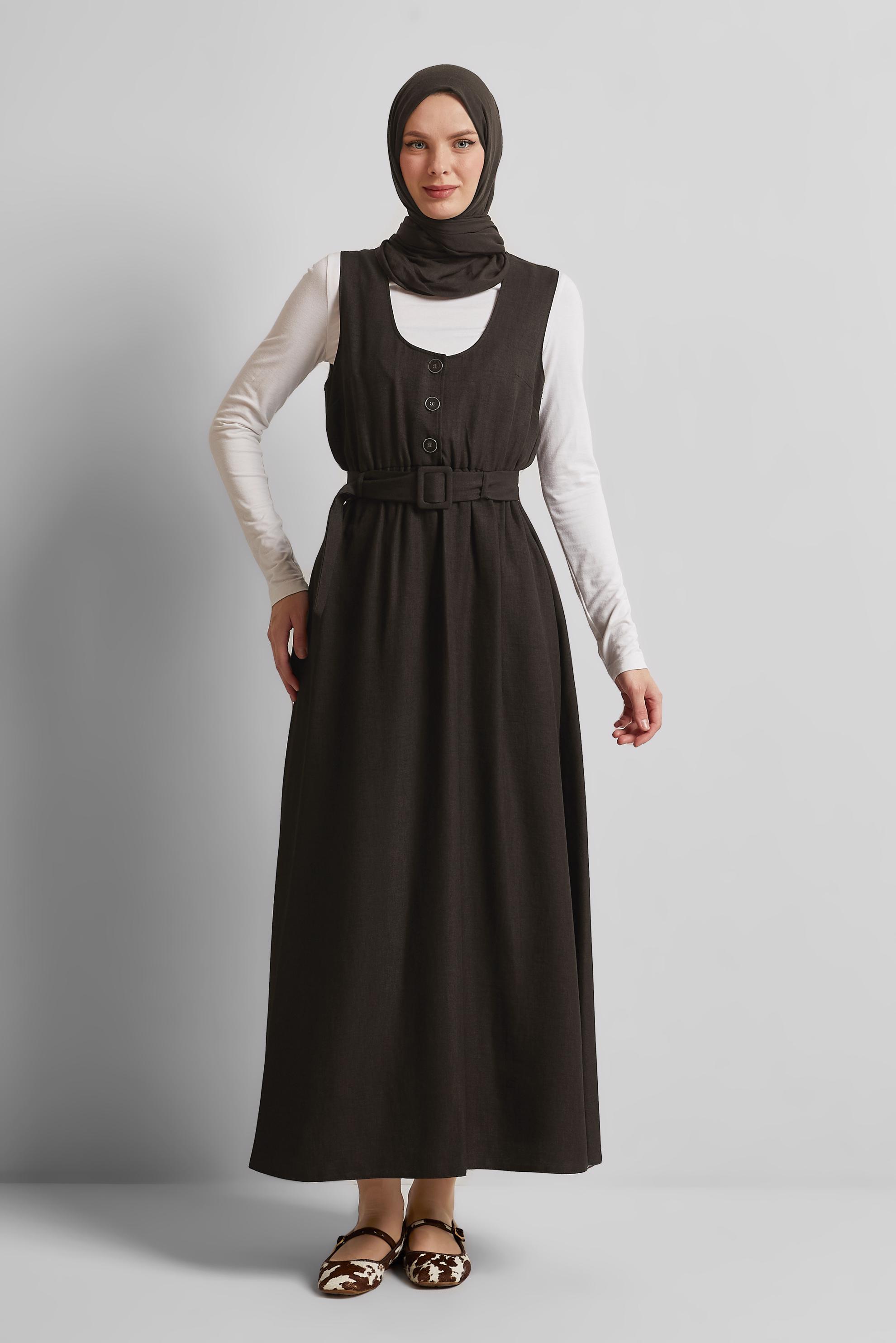 Tesettür giyim KAHVE KEMERLİ JİLE ELBİSE 44668